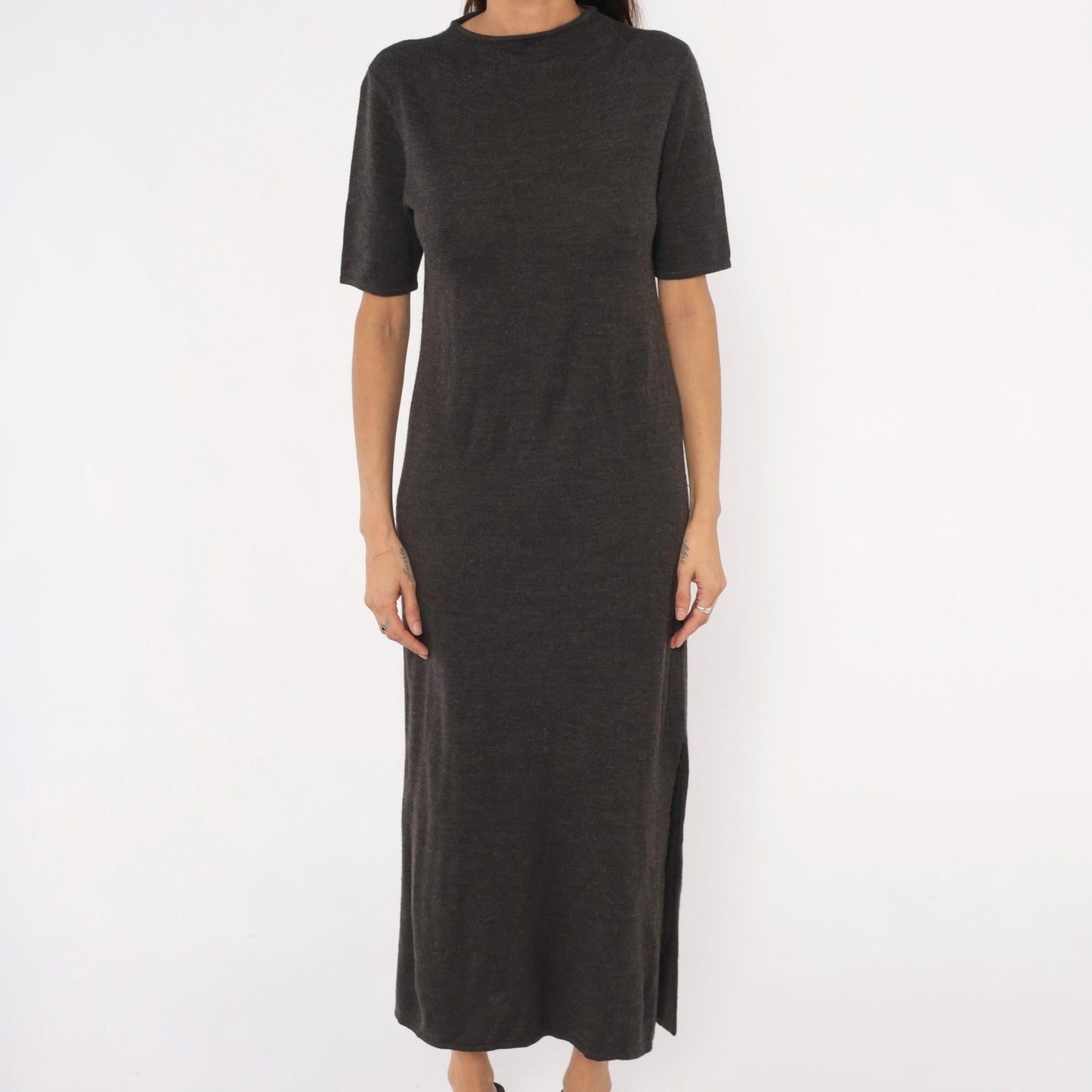 Y2K Nina Leonard Charcoal Knit Maxi Dress Short Sleeve Column Grey Small Petite