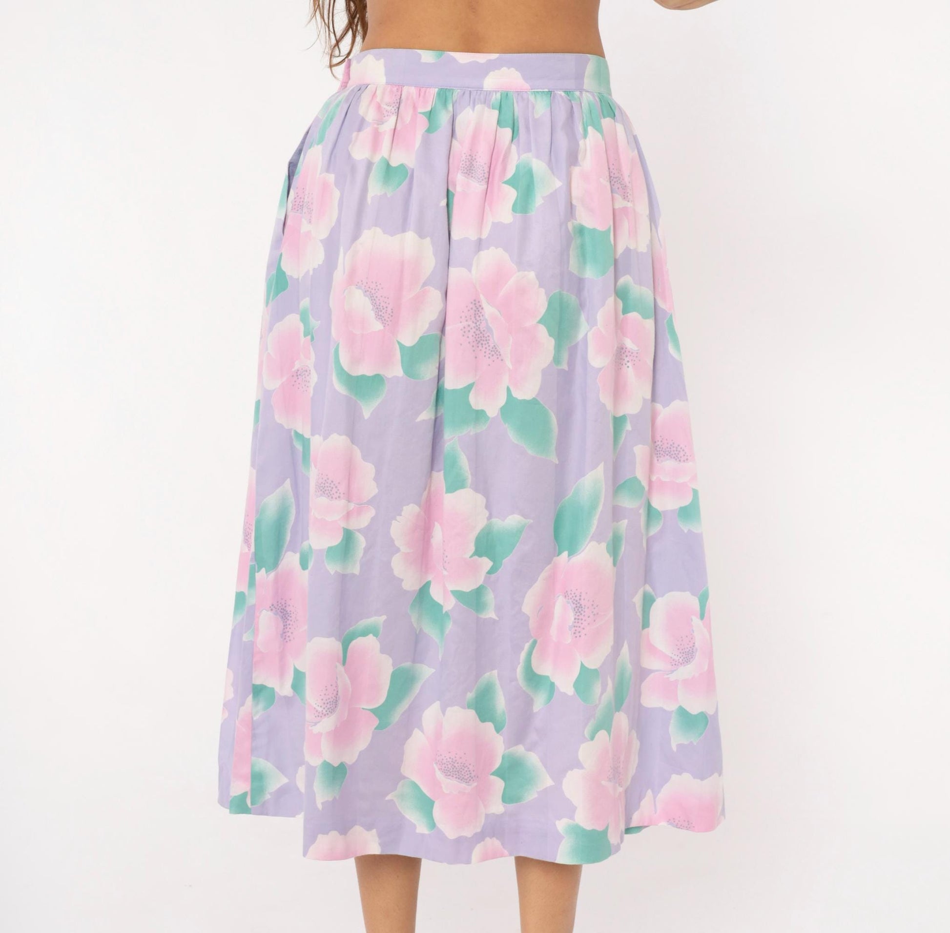80s Prophecy Floral Midi Skirt Lavender Pink Rose Print Cotton Medium M