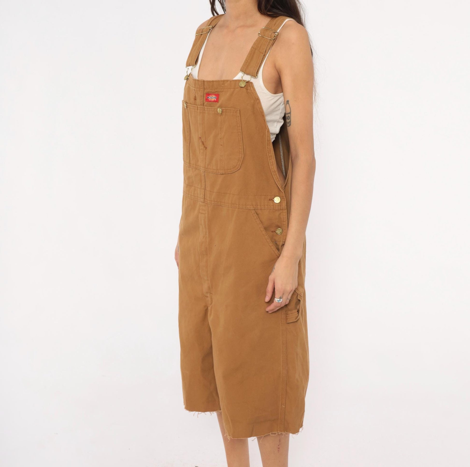 Dickies Canvas Bib Shortalls Cut-Off Shorts Tan Cargo Workwear Large L
