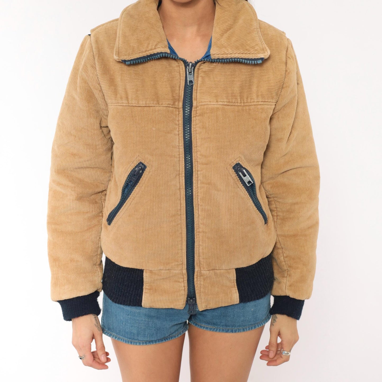 70s Sports B Corduroy Bomber Jacket Tan Quilted Padded Small S