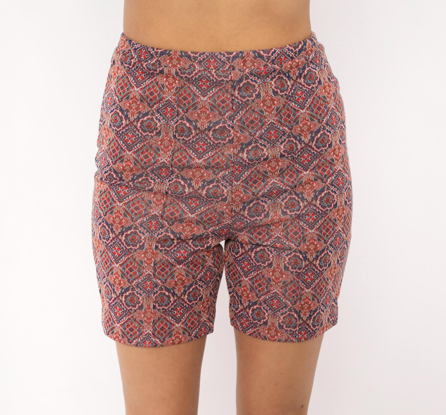 70s Geometric Diamond Medallion Tapestry Biker Shorts Red Navy High-Rise XS
