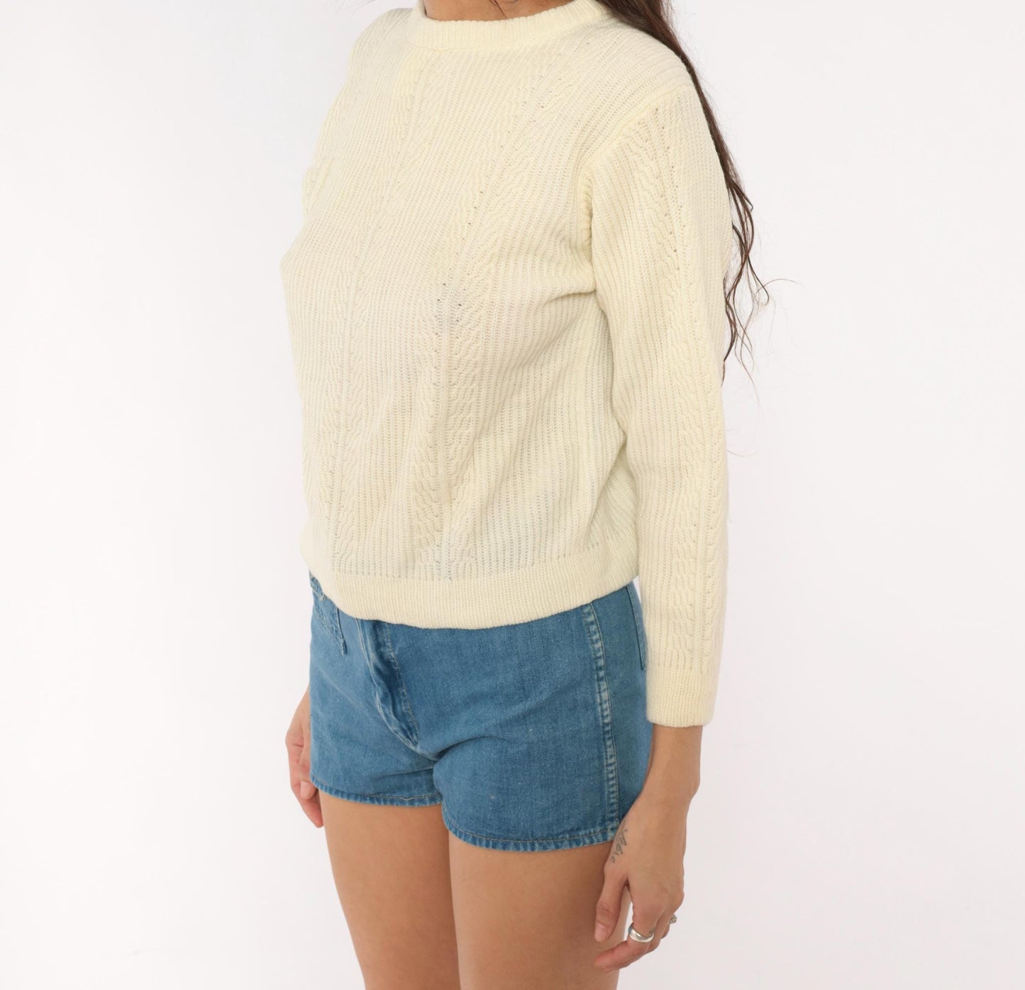 70s Cream Cable Knit Pullover Button Back Three Quarter Sleeve Medium