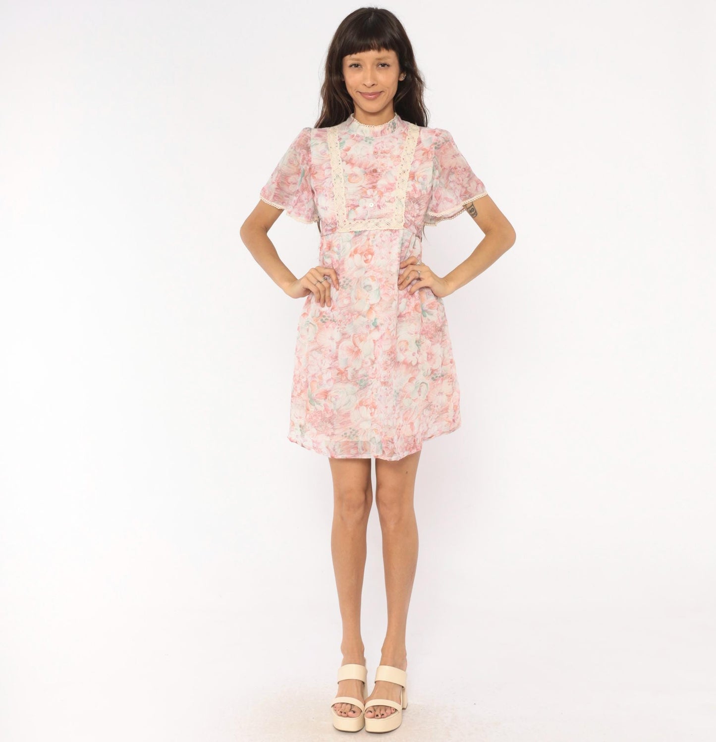 70s R.A.R. Pink Floral Mini Dress Puff Sleeve Crochet Bib Extra Small XS