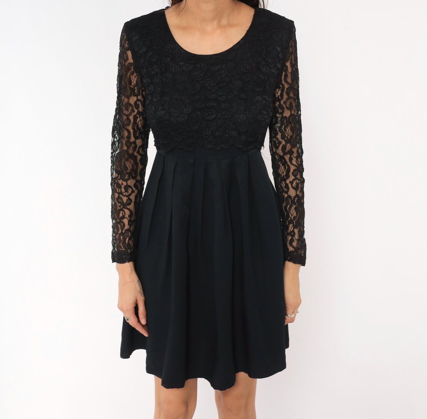 90s Black Lace Dress Floral Sheer Sleeves Pleated Knee-Length Small
