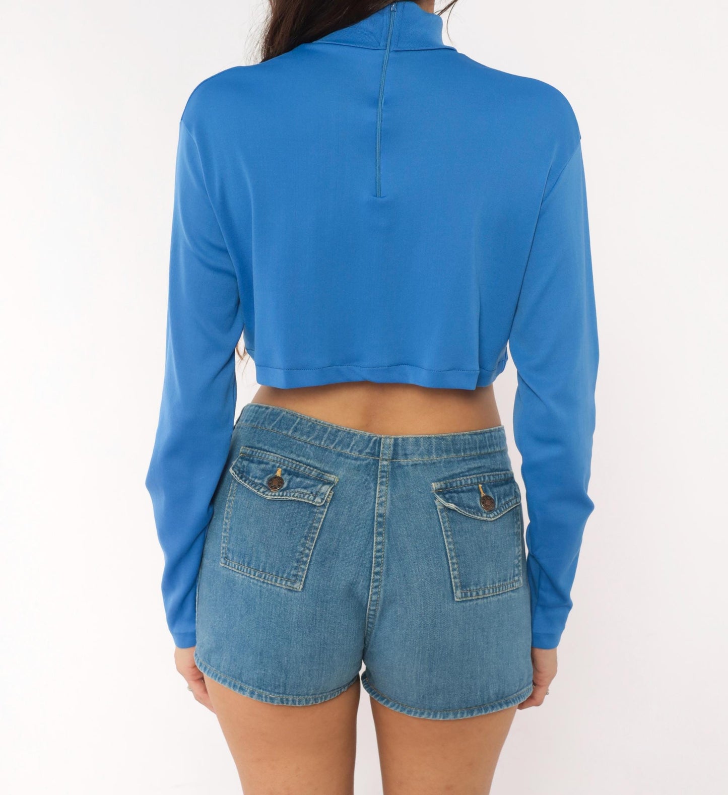 70s Cornflower Blue Crop Top Long Sleeve Mock Neck Back Zip Medium