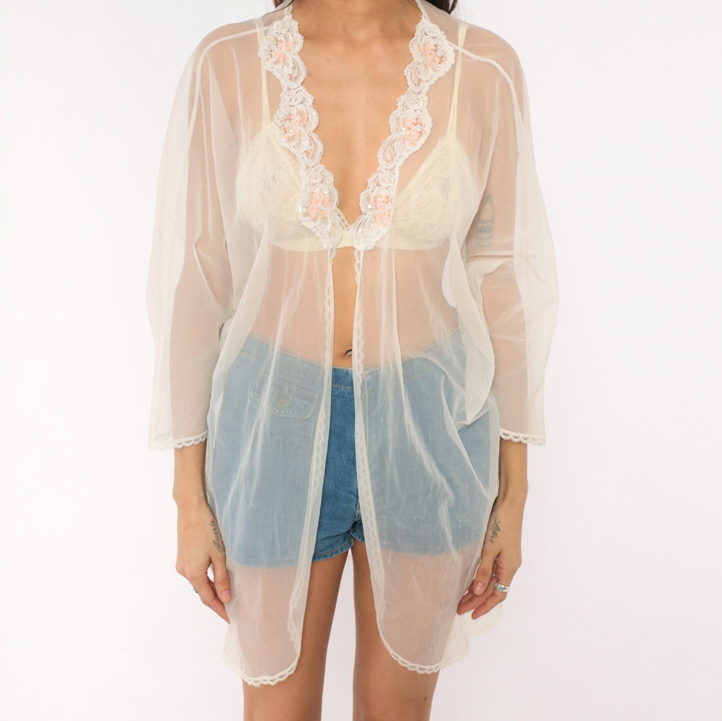 70s Val Mode Lingerie Sheer Nylon Robe White Pink Floral Sequin Small