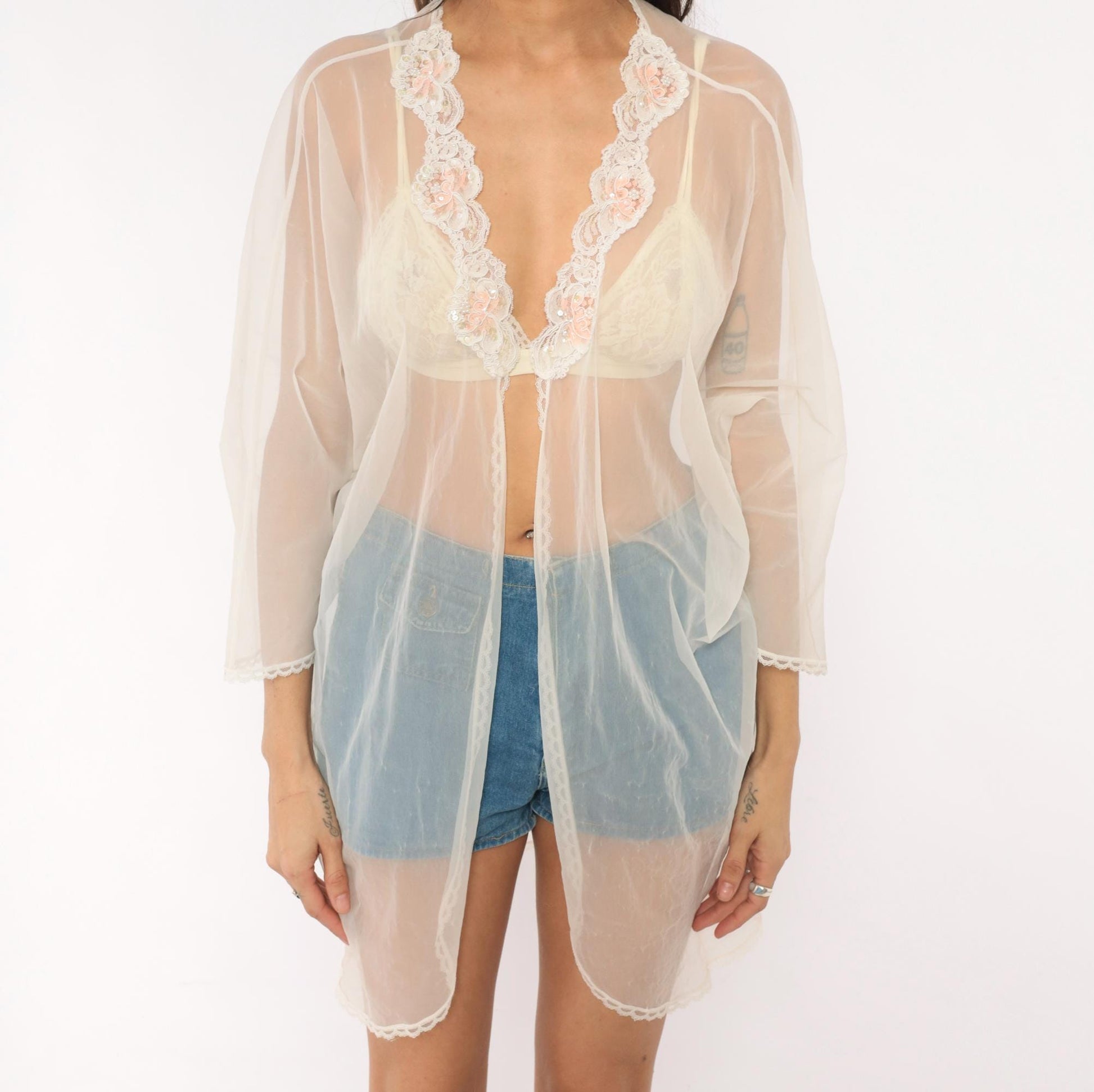 70s Val Mode Lingerie Sheer Nylon Robe White Pink Floral Sequin Small
