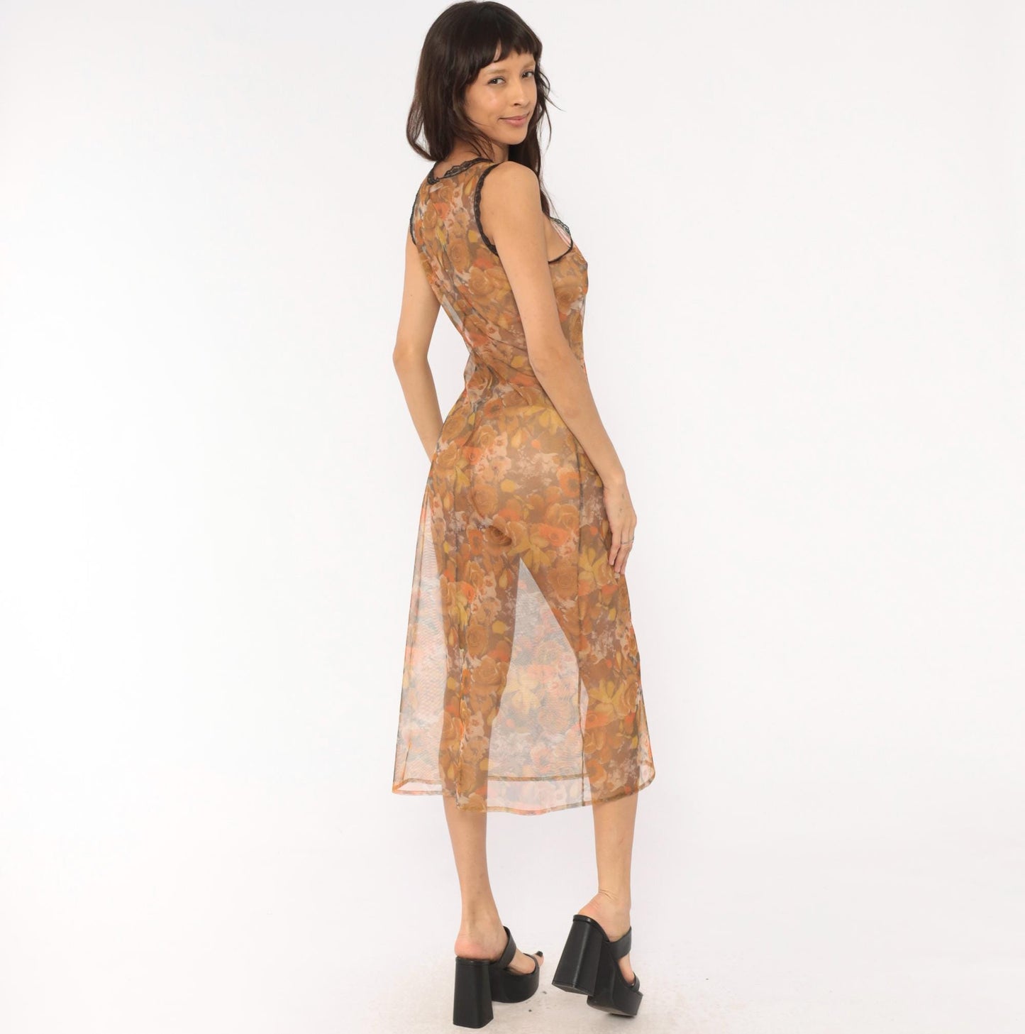 90s Floral Mesh Midi Dress Sheer Rose Print Orange Tan Brown Extra Small XS