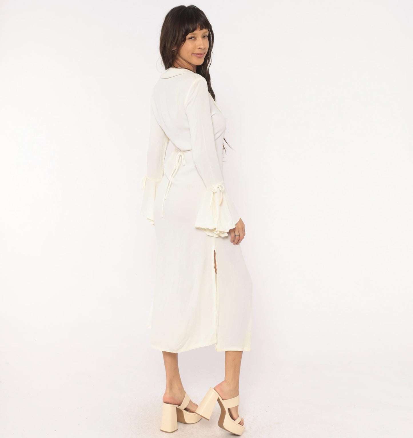 90s Joukar Cream Midi Dress Bell Sleeve V Neck Button Front Medium