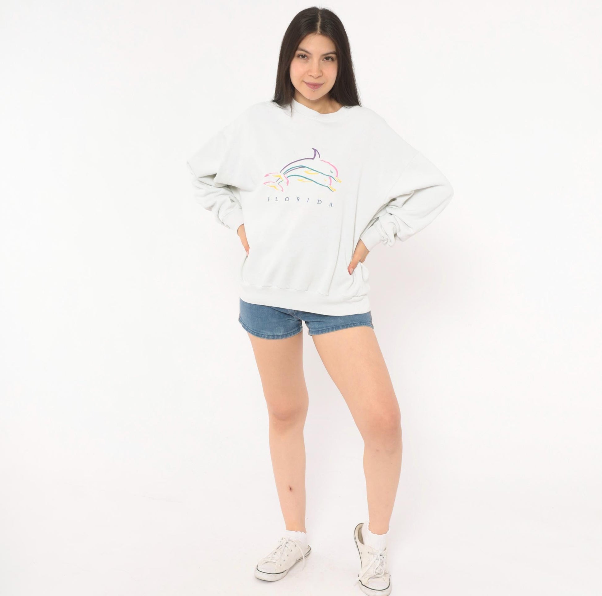 90s Florida Dolphin Graphic Sweatshirt White Crewneck Cotton Pullover Large L