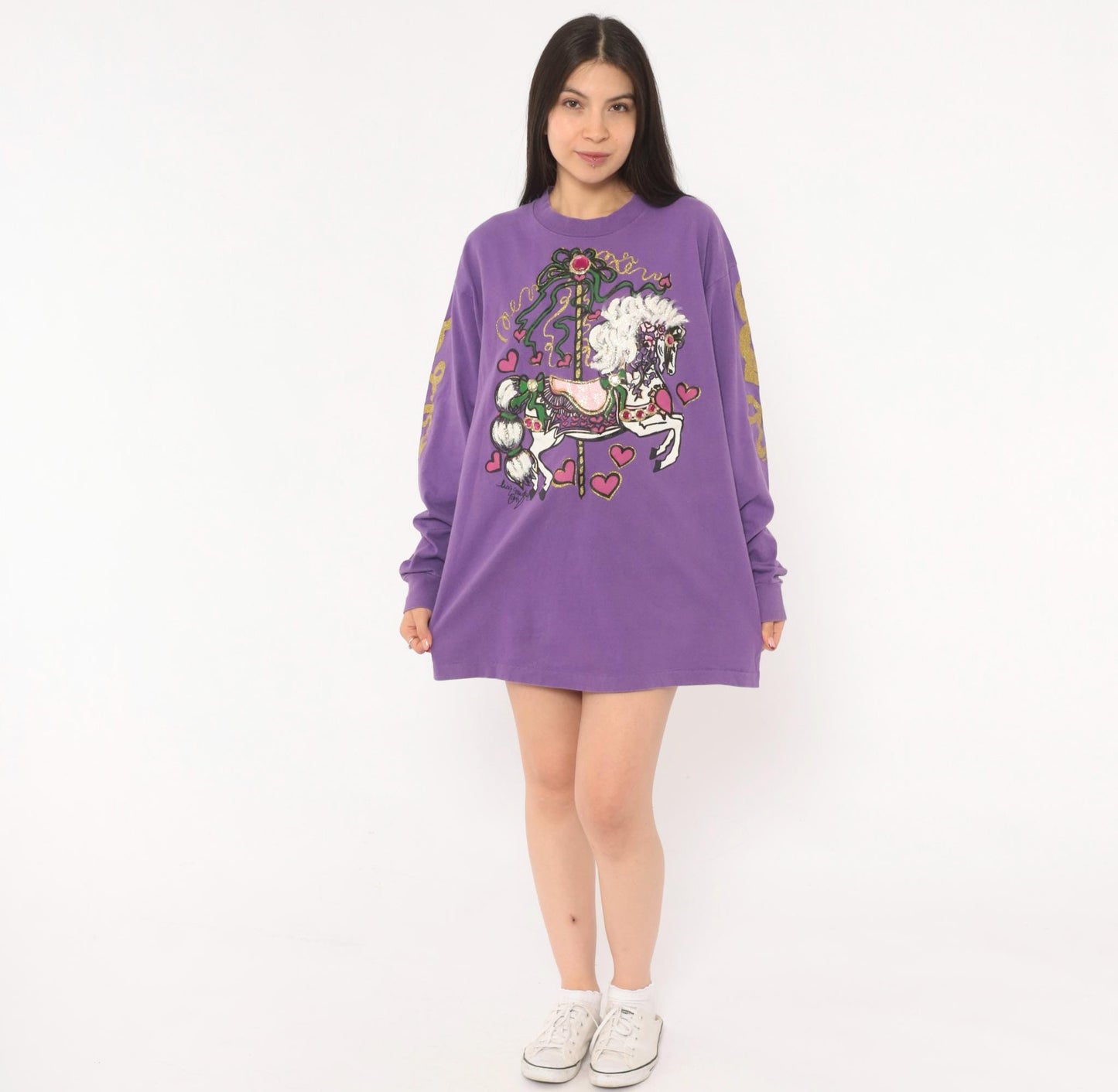 90s Anvil Carousel Horse Purple Glitter Long Sleeve Tee Extra Large