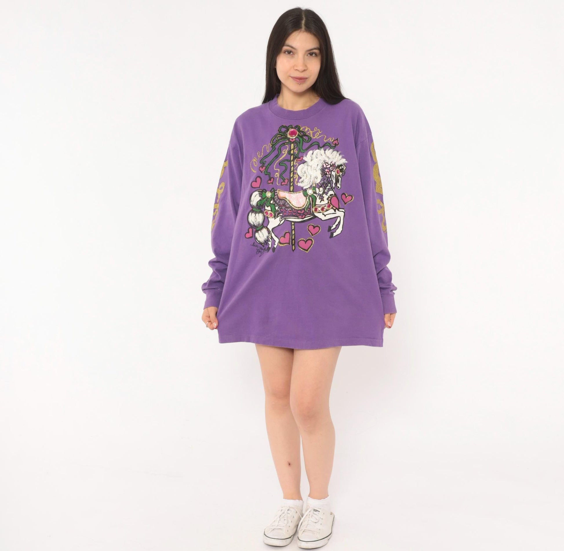 90s Anvil Carousel Horse Purple Glitter Long Sleeve Tee Extra Large
