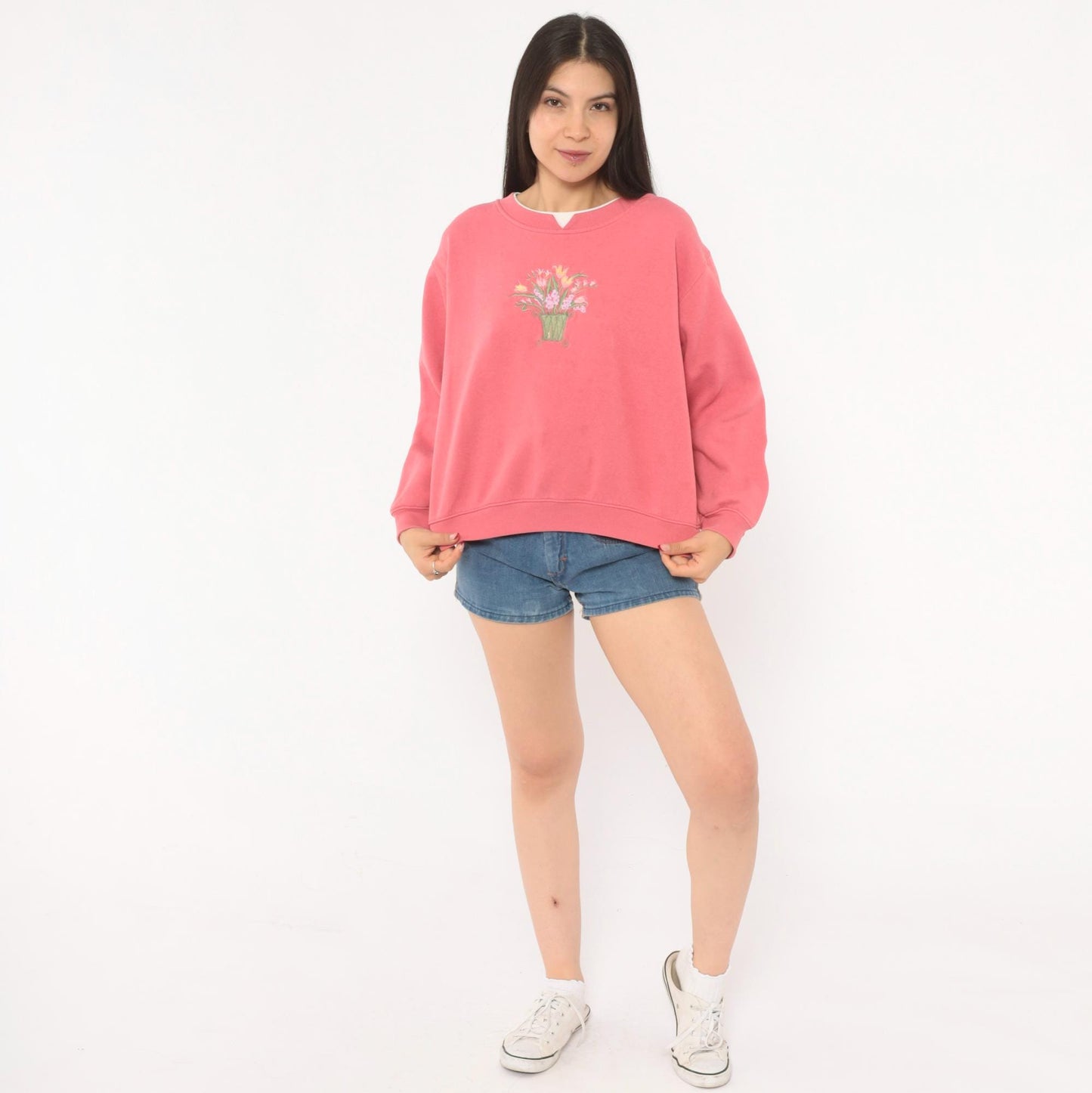 90s Floral Embroidered Sweatshirt Rose Pink Tulip Basket Cotton Medium
