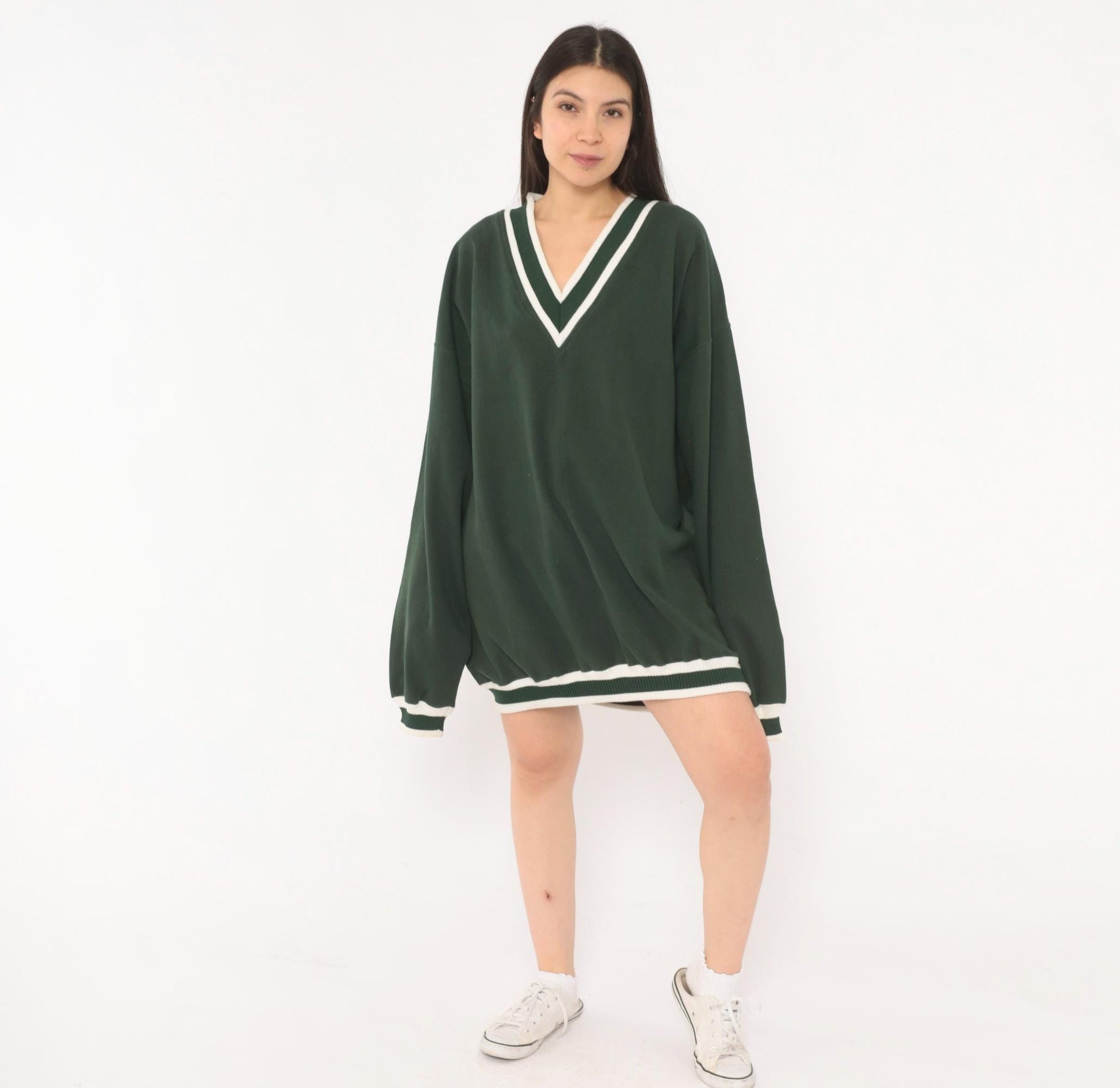 90s Pluma Forest Green V-Neck Sweater Striped Collegiate Tennis Extra Large XL