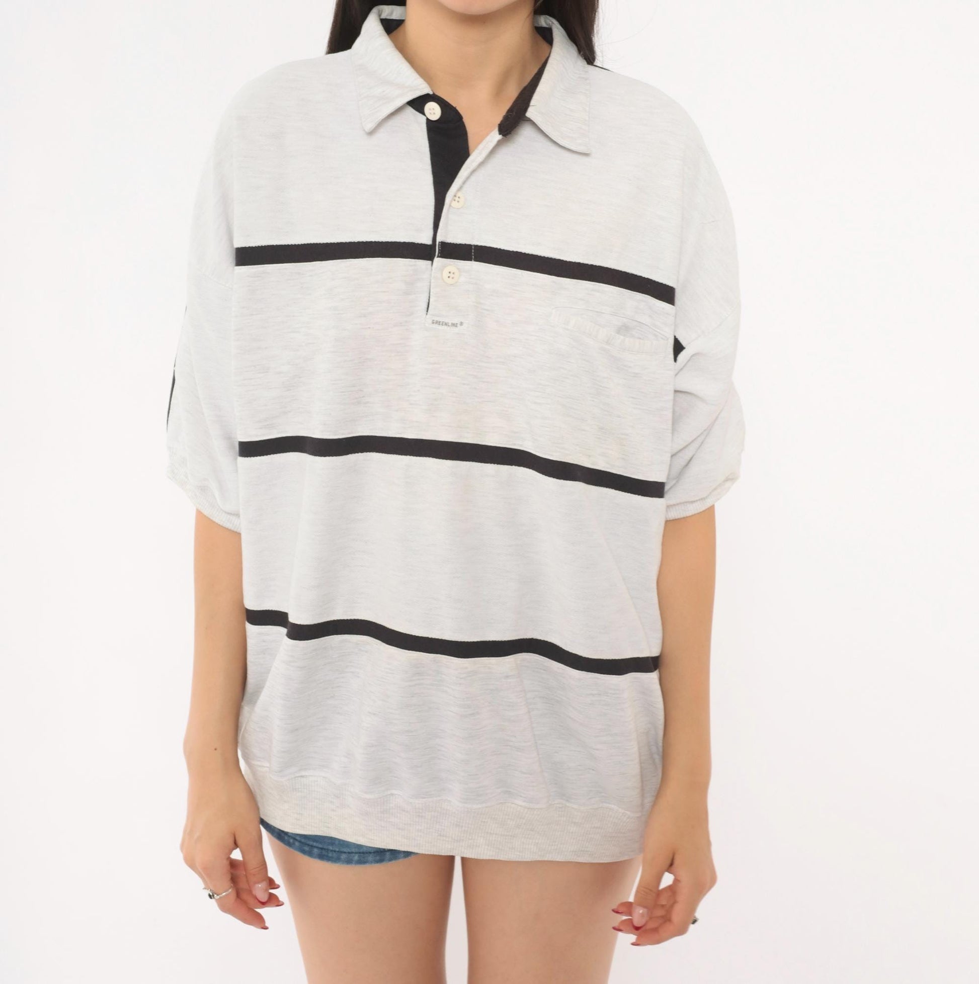 90s Greenline Striped Polo Shirt Grey Black Horizontal Stripes Large L