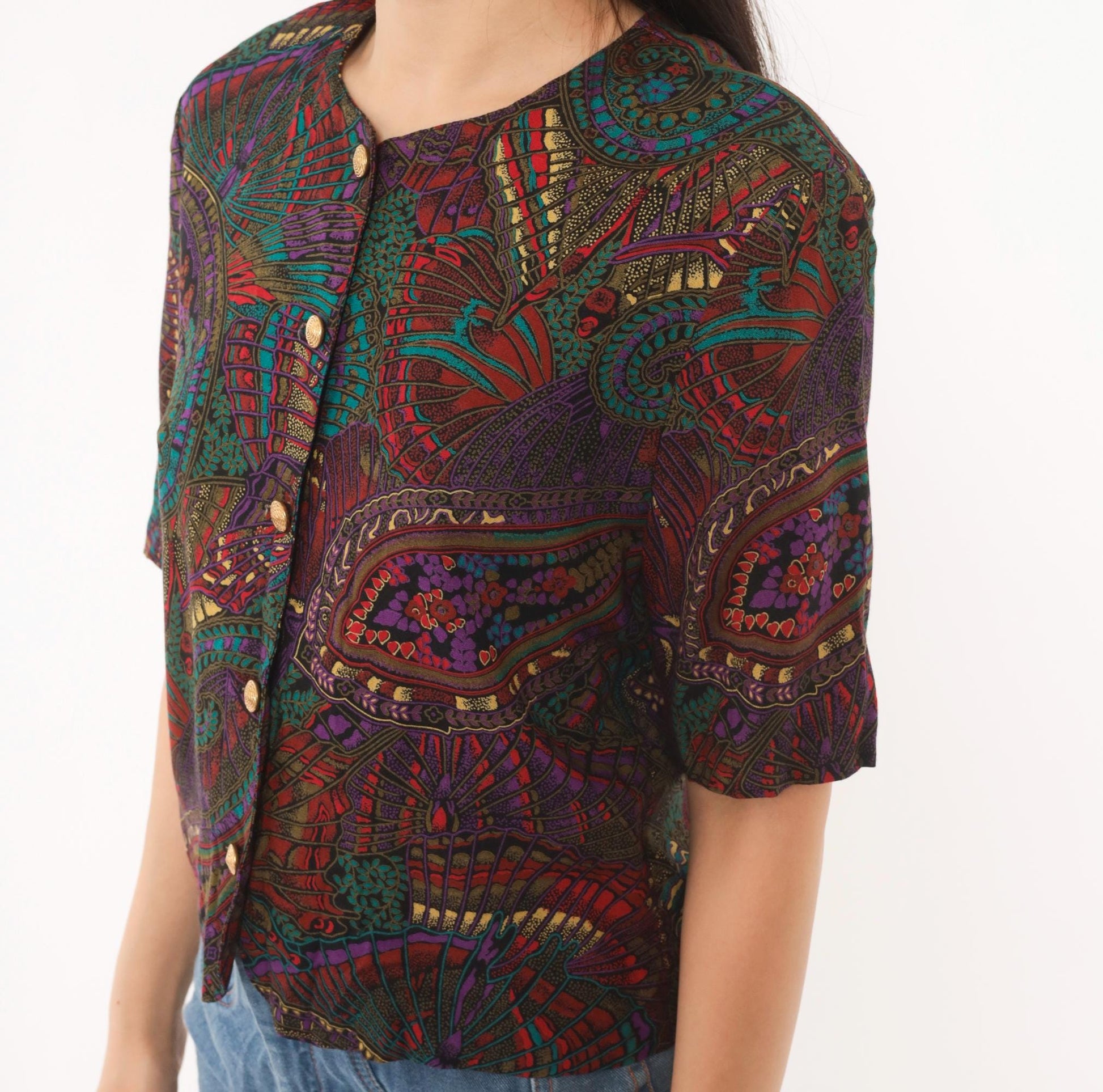 80s Norton Mcnaughton Paisley Button Blouse Teal Purple Gold Small S