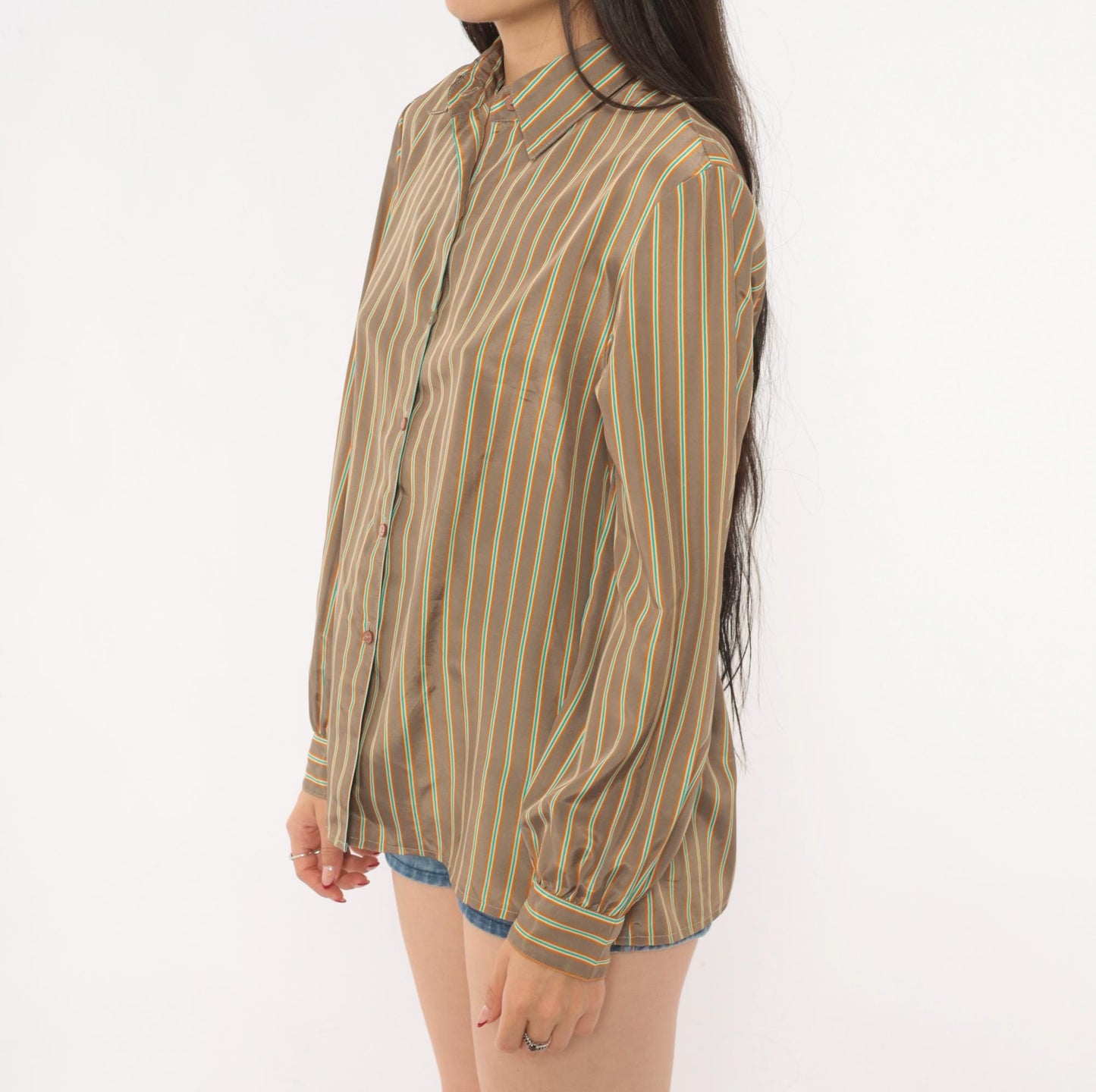 80s Jebb Levy Striped Button-Up Shirt Tan Teal Yellow Pinstripe Medium