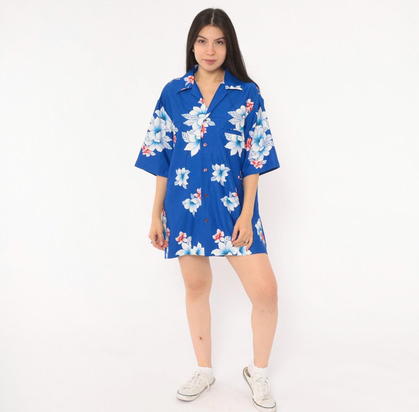 70s Hilo Hatties Hawaiian Shirt Blue Orchid Floral Camp Collar Medium