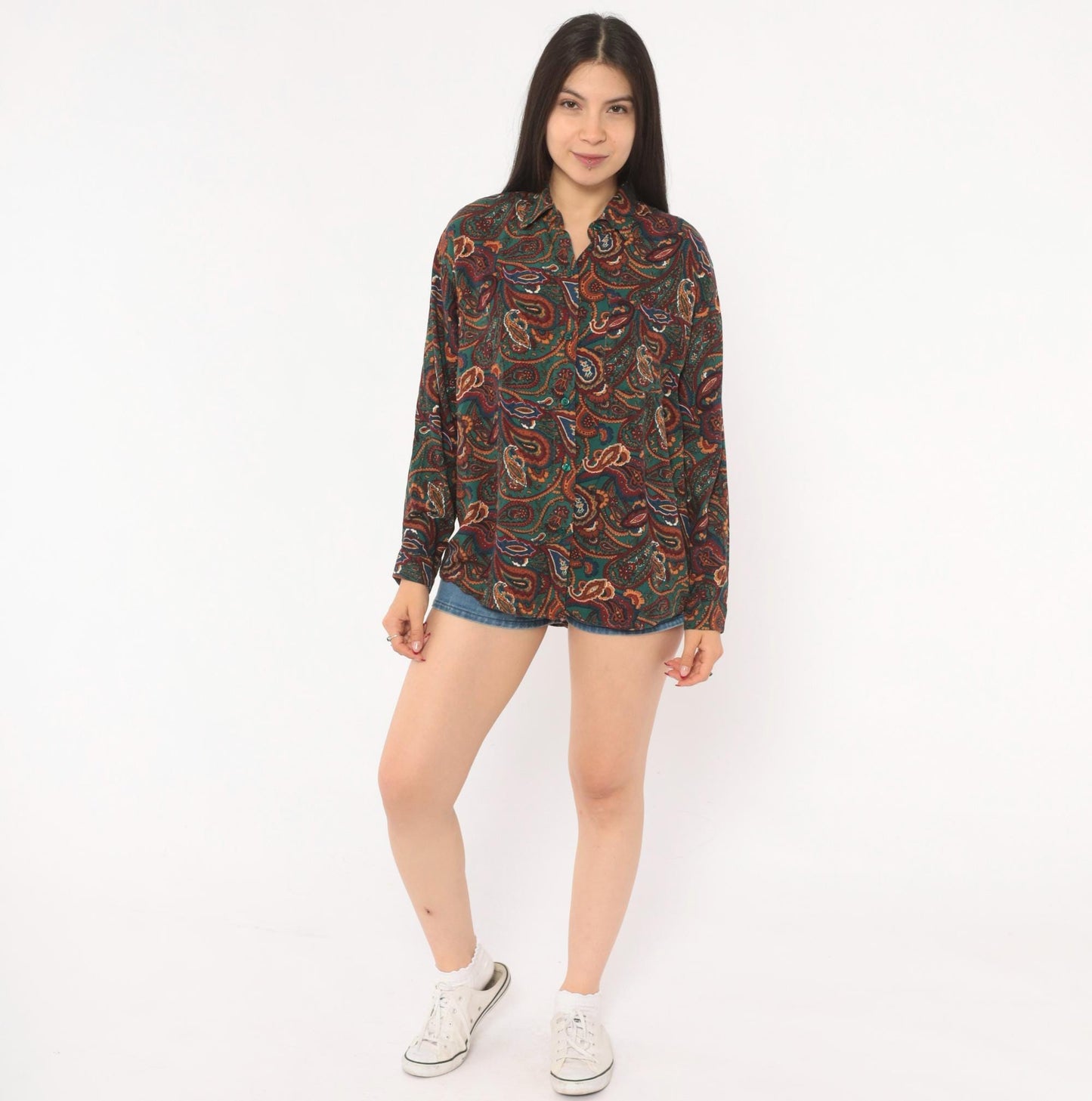 90s Basic Editions Paisley Button Up Shirt Teal Burgundy Small S