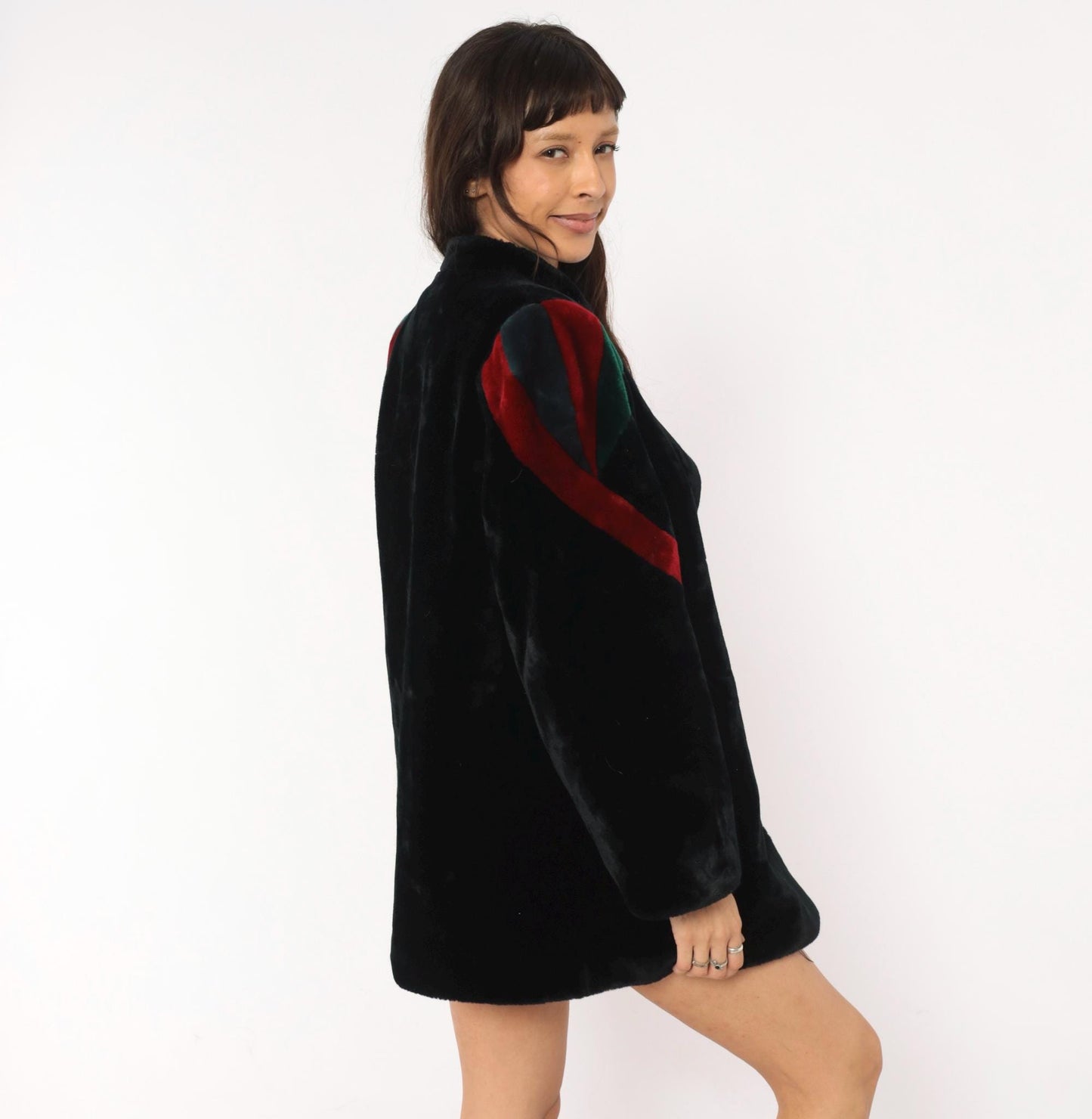 80s Sasson Faux Fur Coat Black Colorblock Stripe Stand Collar Medium M