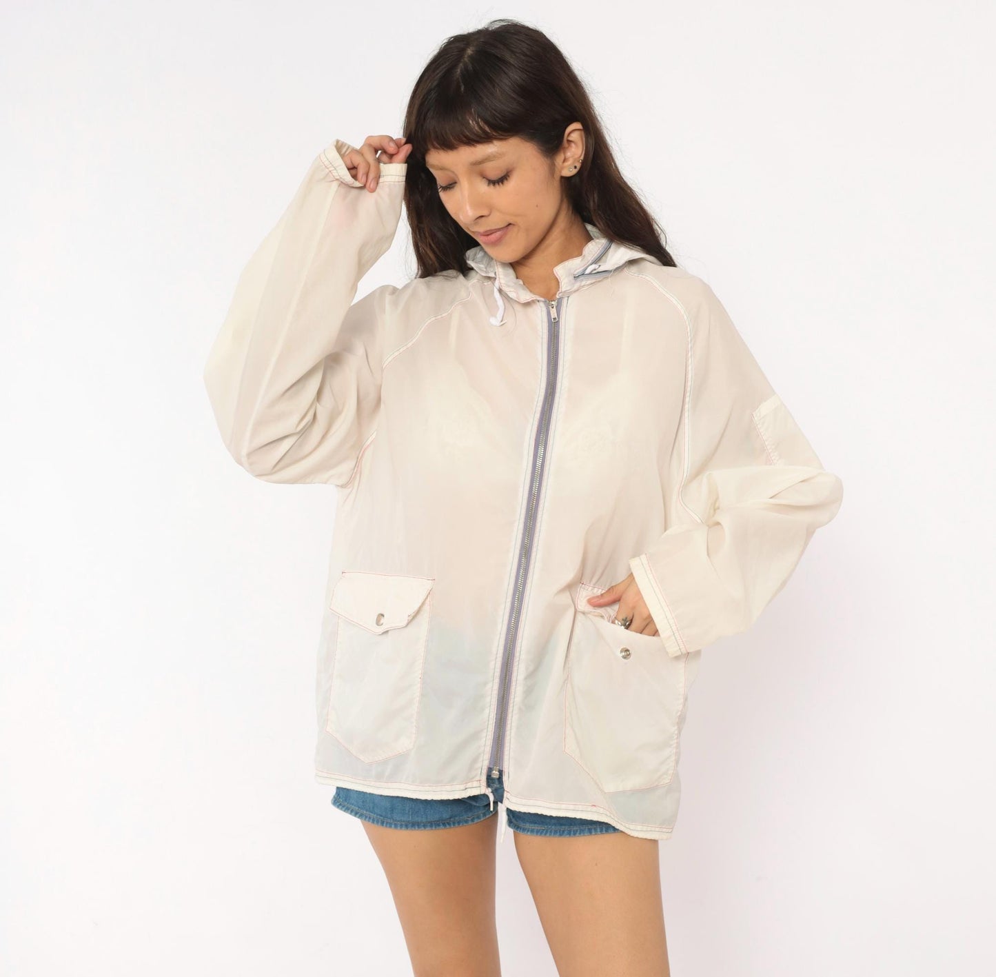 80s White Nylon Windbreaker Hooded Zip Jacket Colour Block Medium