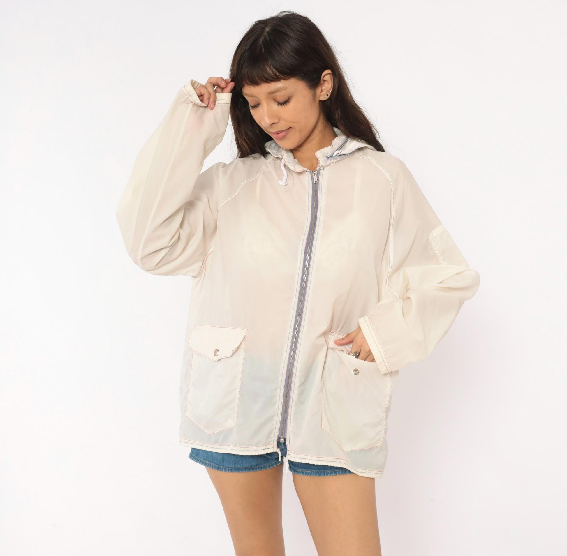 80s White Nylon Windbreaker Hooded Zip Jacket Colour Block Medium