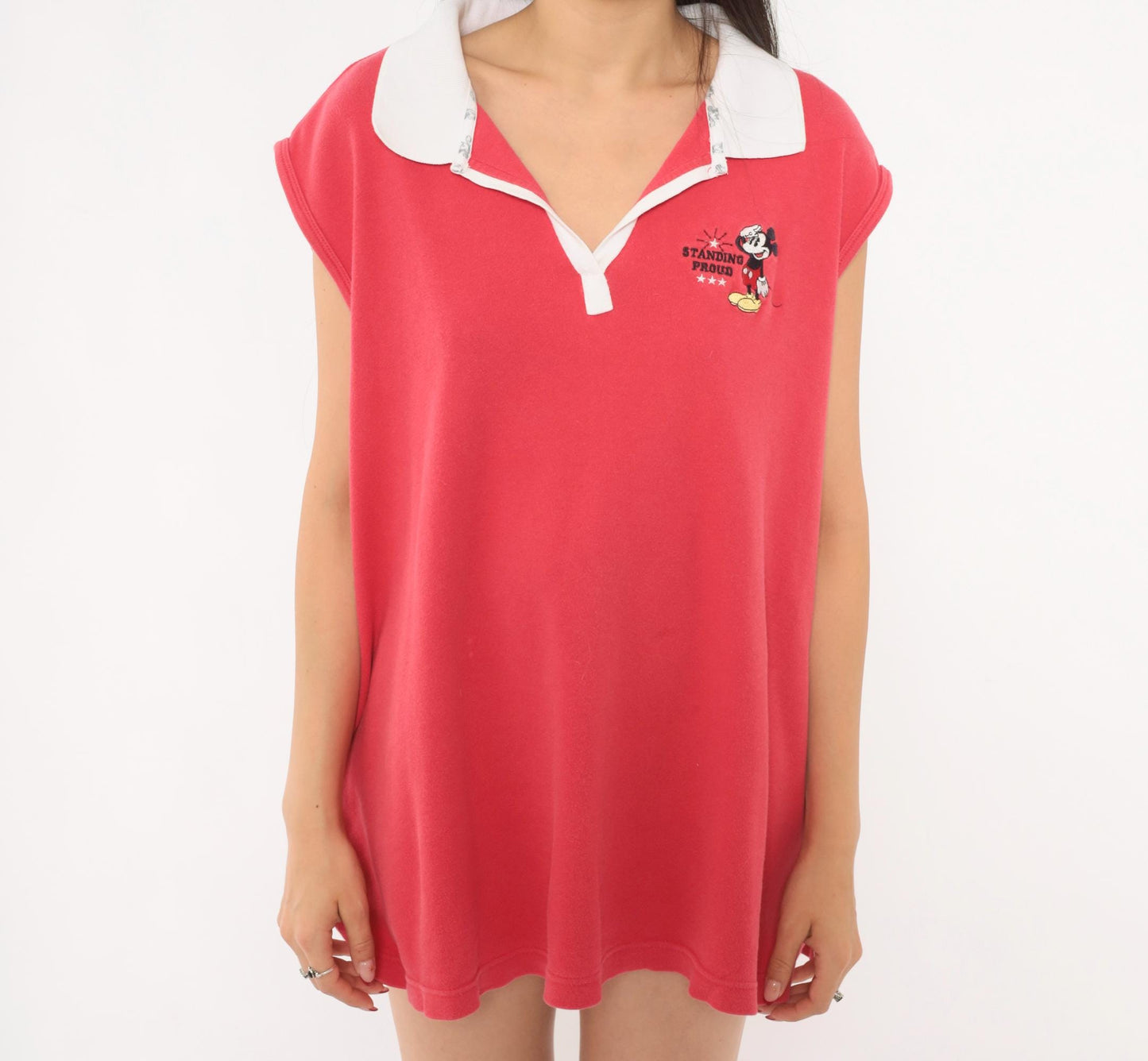 Y2K Mickey Mouse Disney Polo Shirt Embroidered Red Cotton Cap Sleeve Plus Size XXL