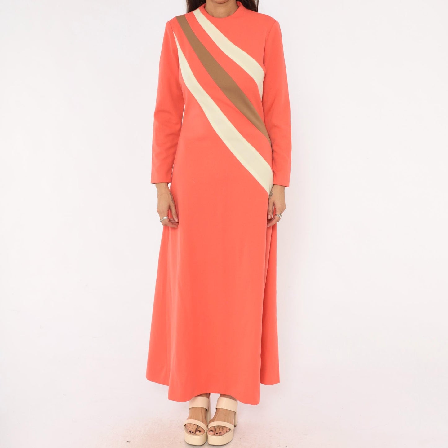 70s Puritan Forever Young Coral Stripe Maxi Dress Mock Neck Medium M