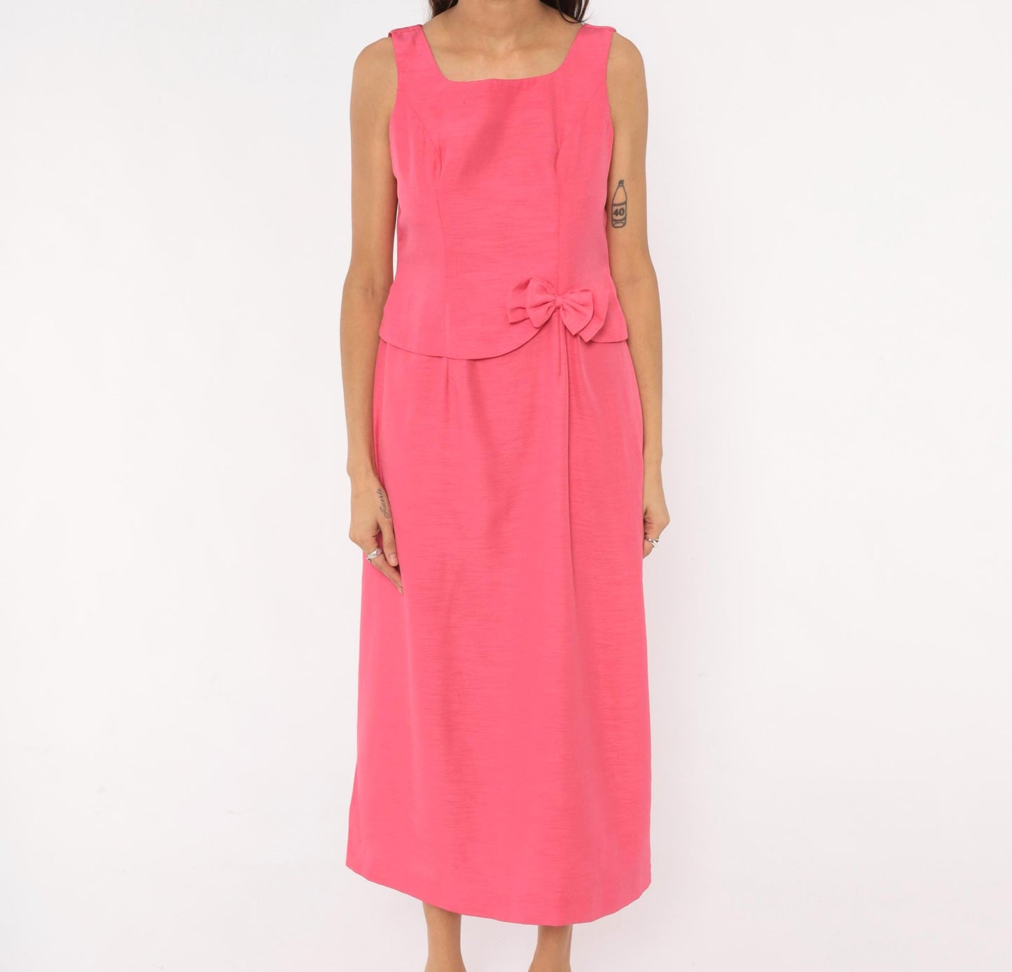 80s Hot Pink Sleeveless Maxi Dress Square Neck Peplum Bow Large L