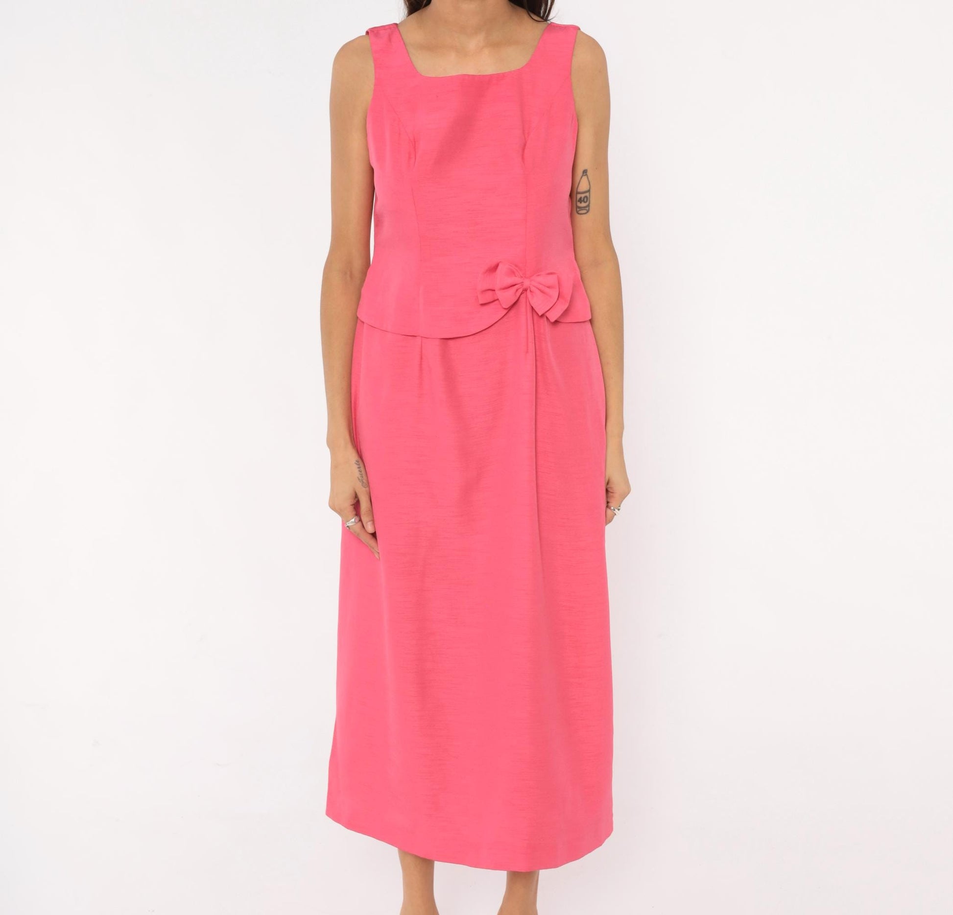 80s Hot Pink Sleeveless Maxi Dress Square Neck Peplum Bow Large L