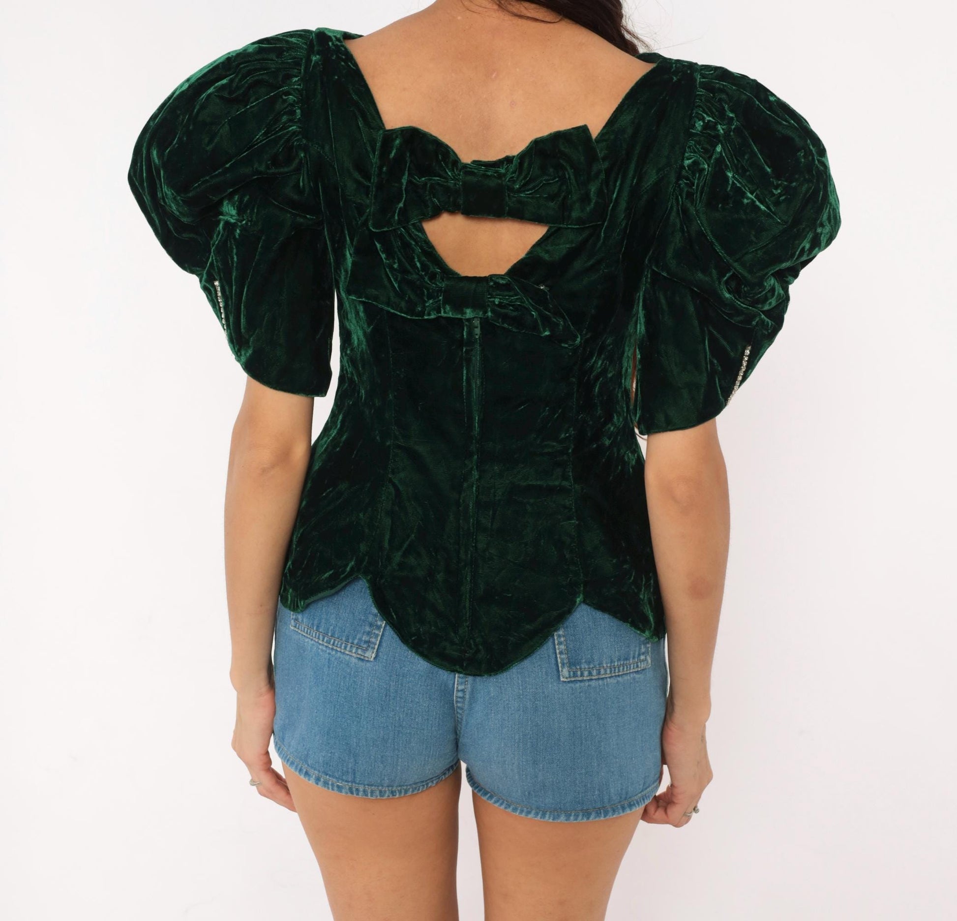 90s Emerald Crushed Velvet Puff Sleeve Blouse Forest Green Rhinestone Bow Back Small S
