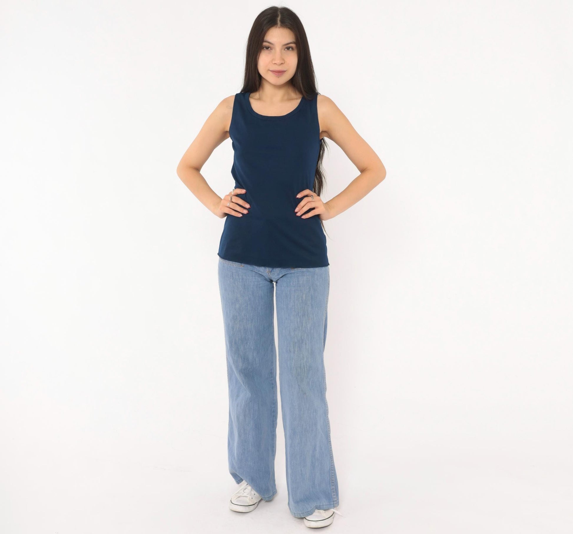 70s Navy Blue Tank Top Alex Colman Sleeveless Shell Scoop Neckline Extra Small XS