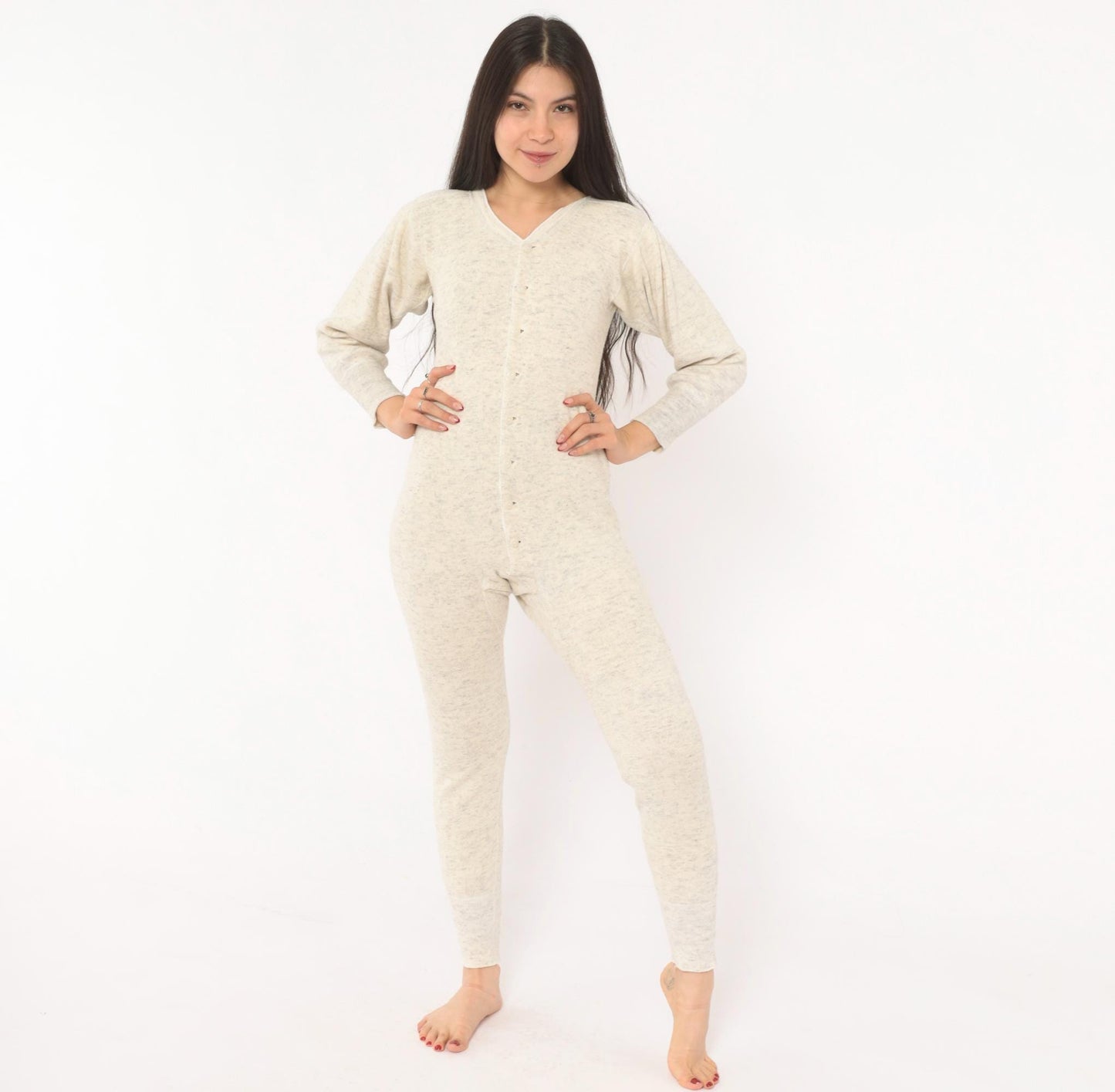 1950s JCPenney Union Suit Oatmeal Heathered Wool Cotton V-Neck Long Johns Extra Small XS