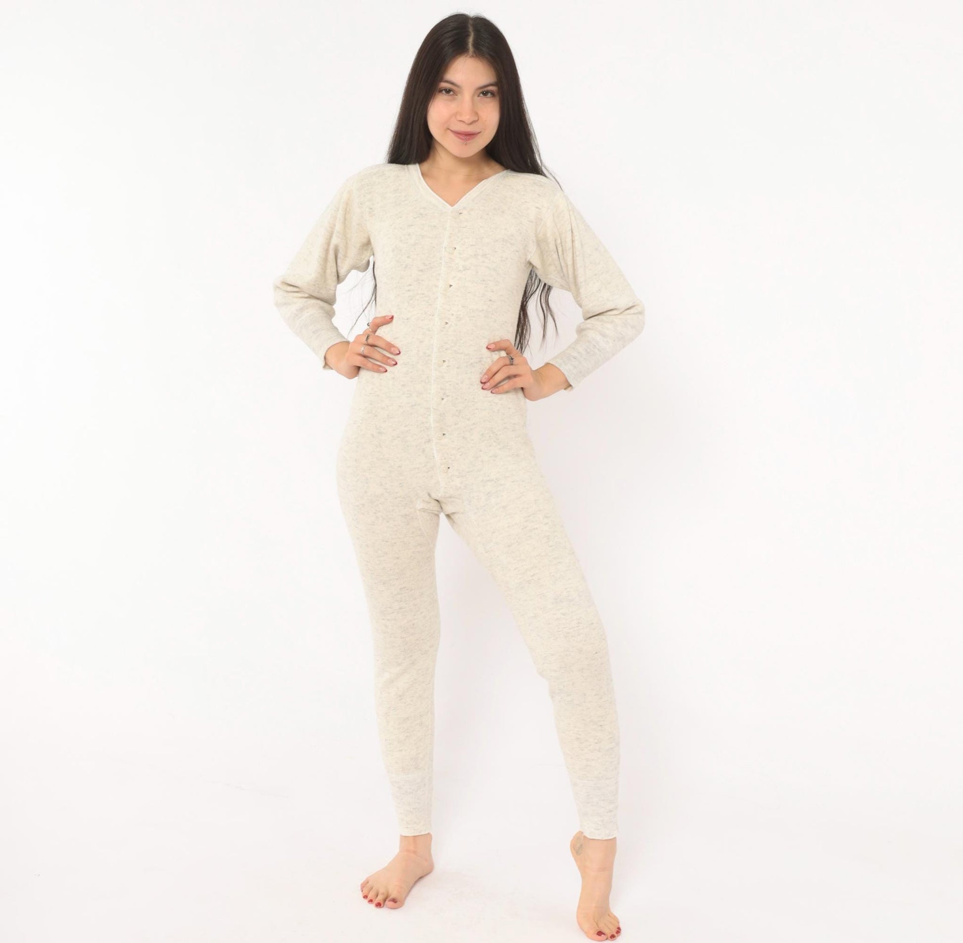 1950s JCPenney Union Suit Oatmeal Heathered Wool Cotton V-Neck Long Johns Extra Small XS