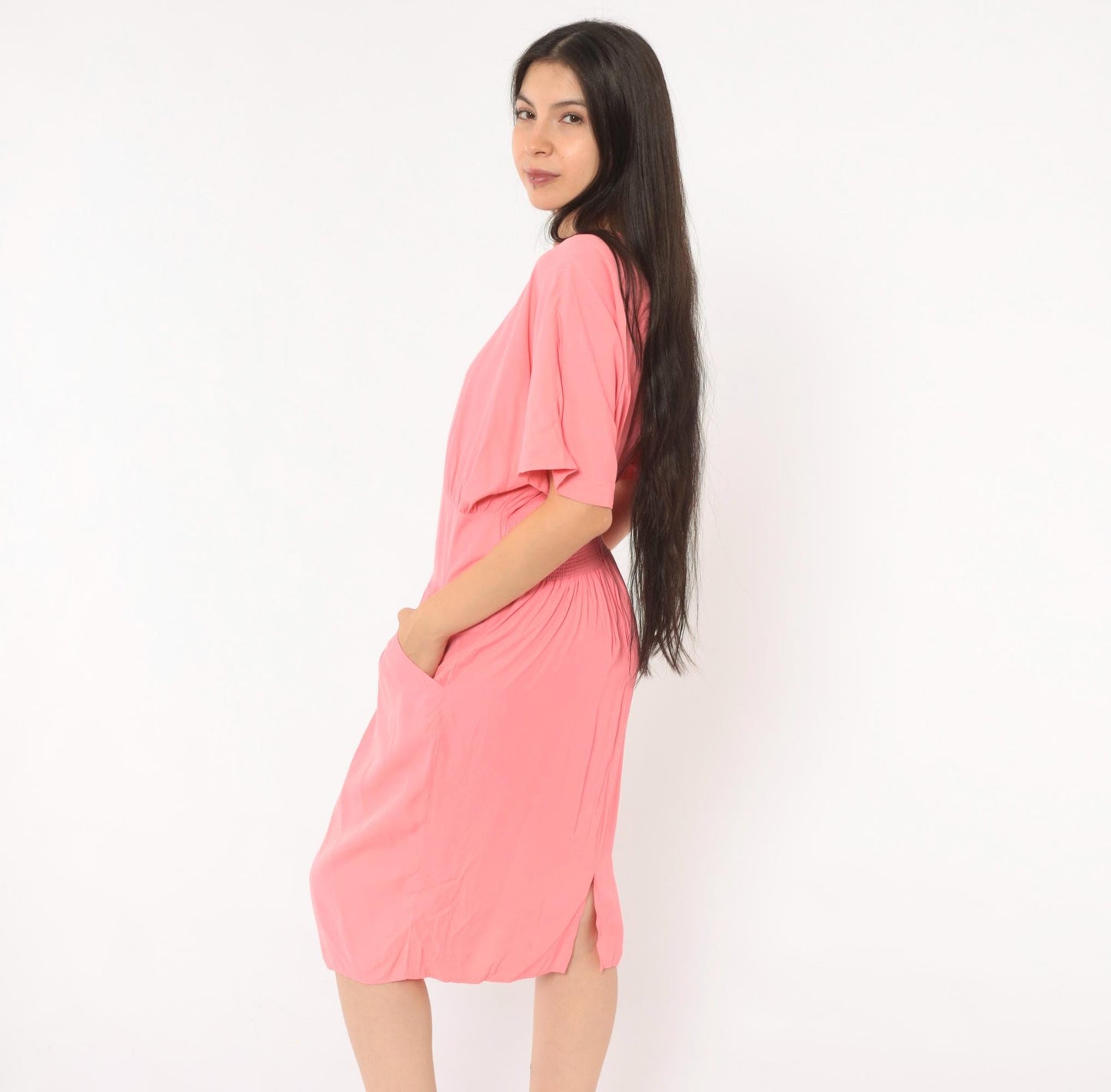 90s Carol Anderson Coral Pink Blouson Dress Smocked Waist Knee Length Large L