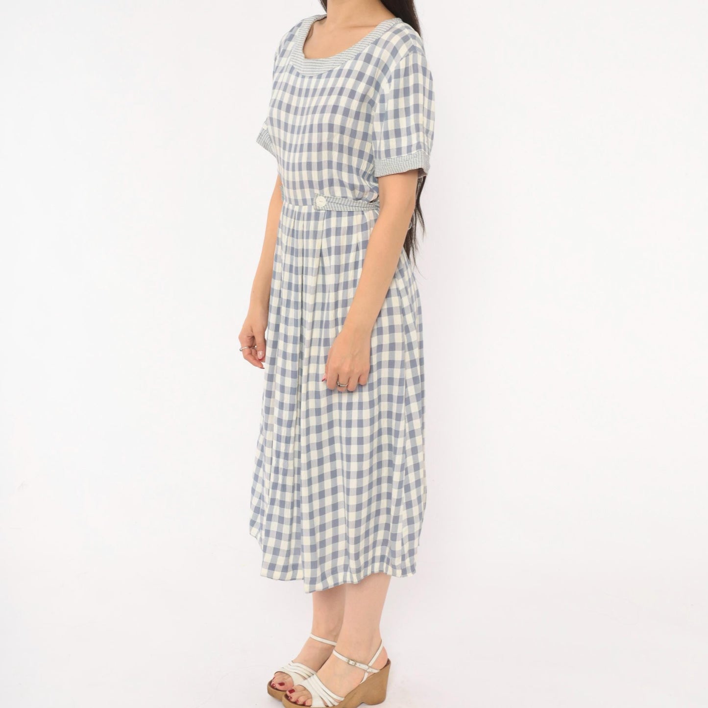 90s SL Fashions Gingham Midi Dress Blue White Check Button Back Medium