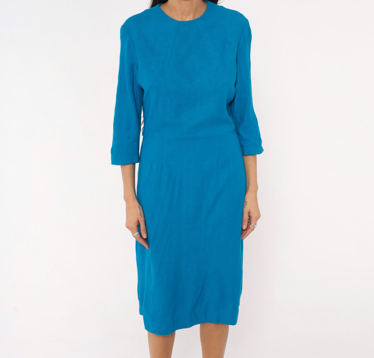 60s Cerulean Blue Sheath Dress Three Quarter Sleeve Chevron Mod Medium M