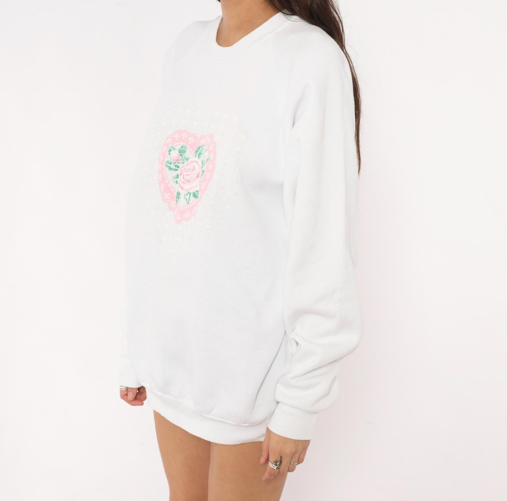90s Fruit Of The Loom Rose Heart Lace Sweatshirt White Pink Raglan Extra Large XL