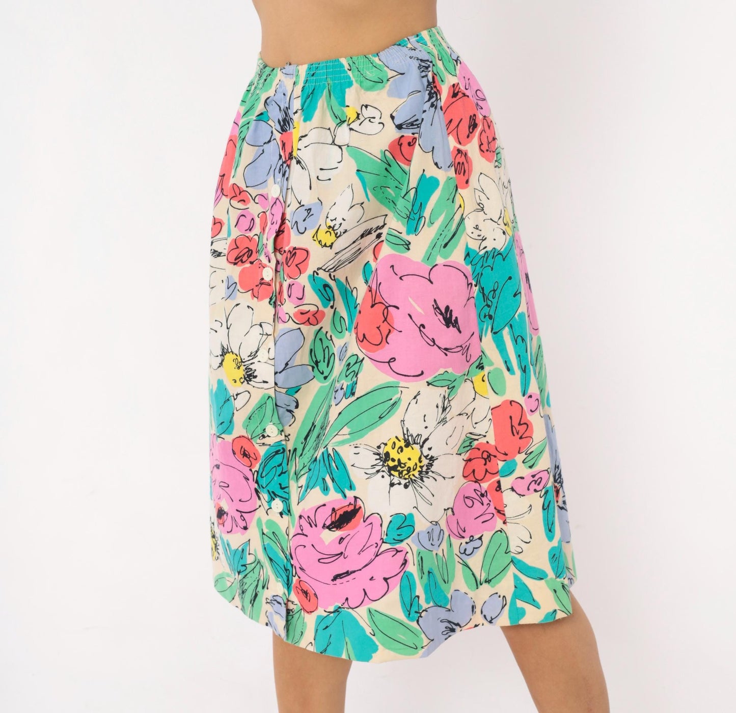 90s Floral Button Front Midi Skirt Cream Watercolor Cotton Small