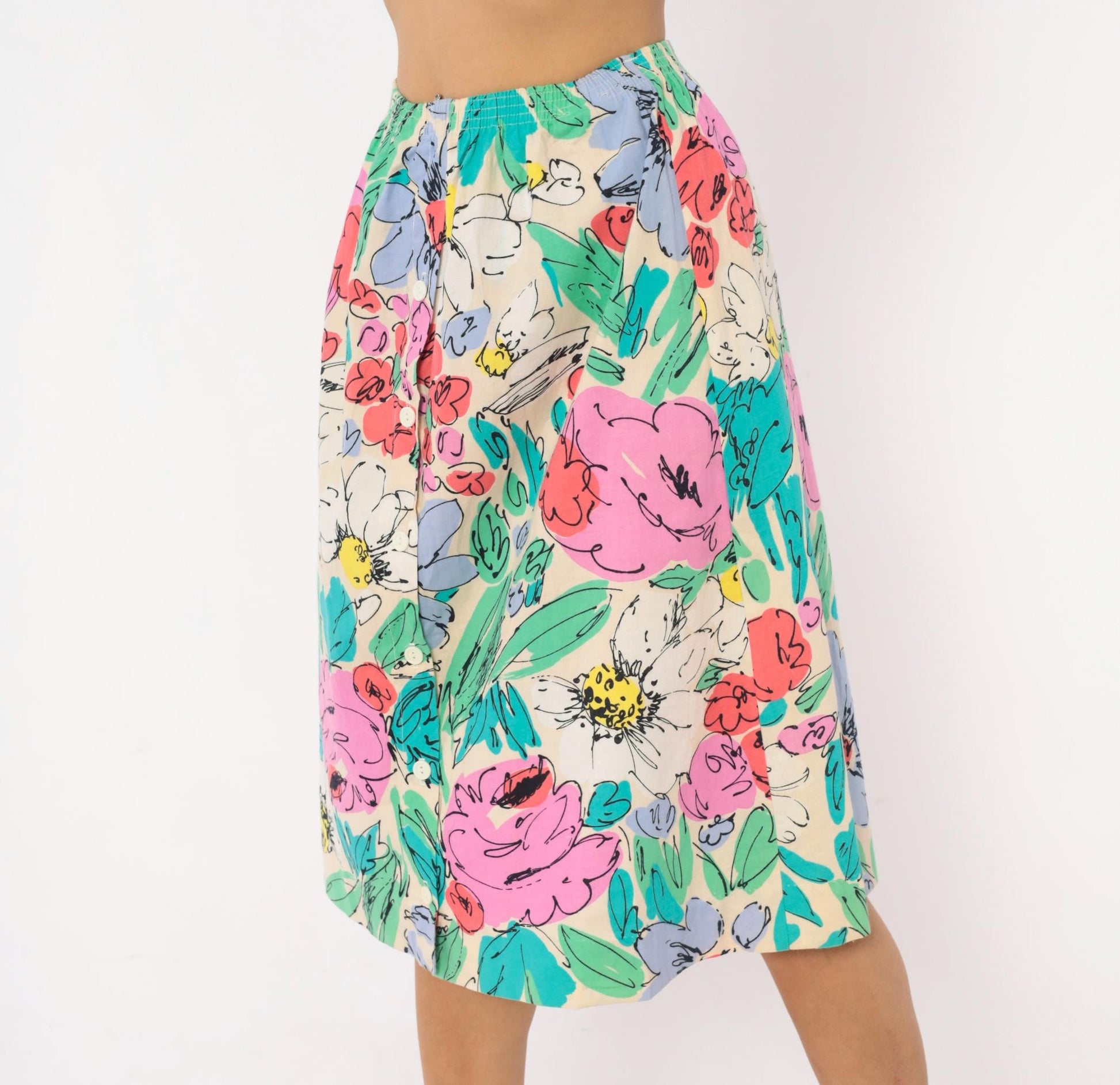90s Floral Button Front Midi Skirt Cream Watercolor Cotton Small