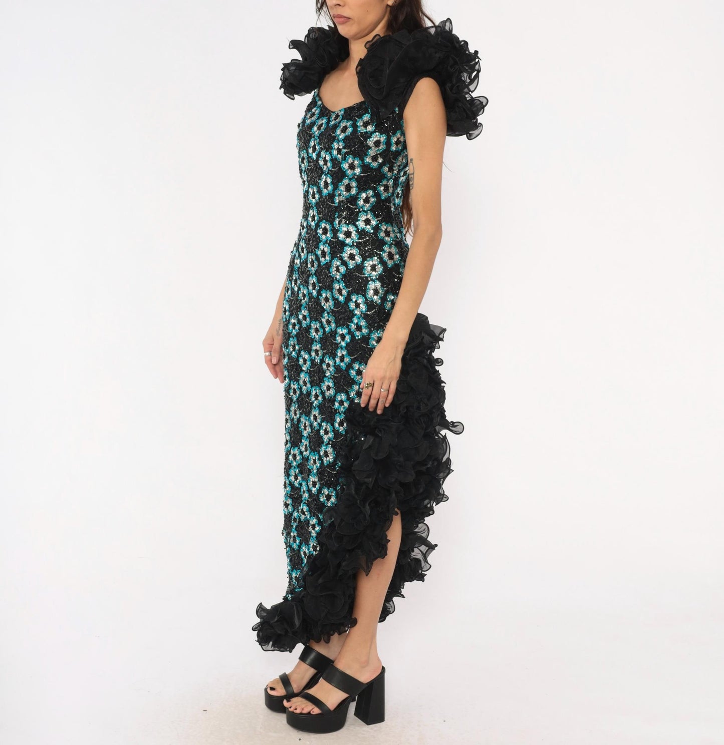 80s Alyce Designs Black Sequin Maxi Gown Teal Silver Floral Small