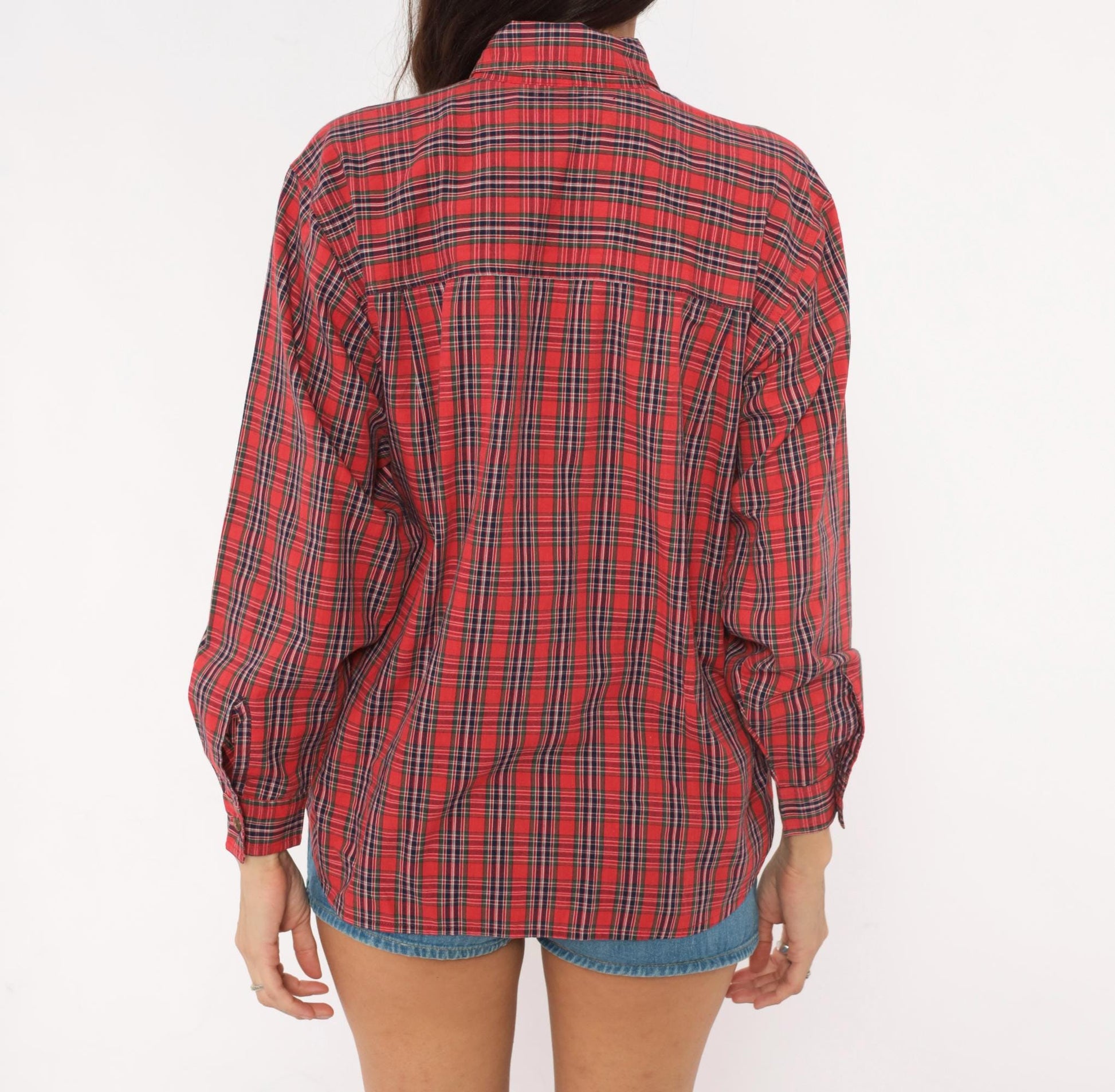 80s Karen Scott Tartan Plaid Button-Up Shirt Red Navy Embroidered Small