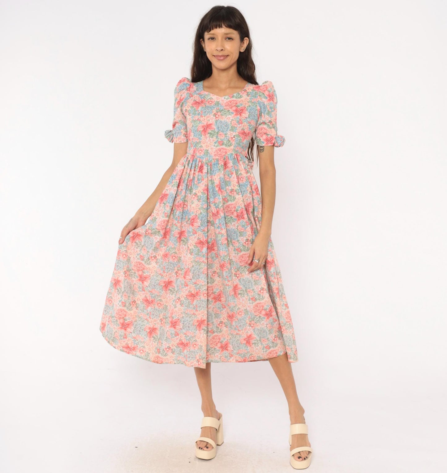 80s Floral Midi Dress Pink Blue Puff Sleeve Sweetheart Cotton XXS