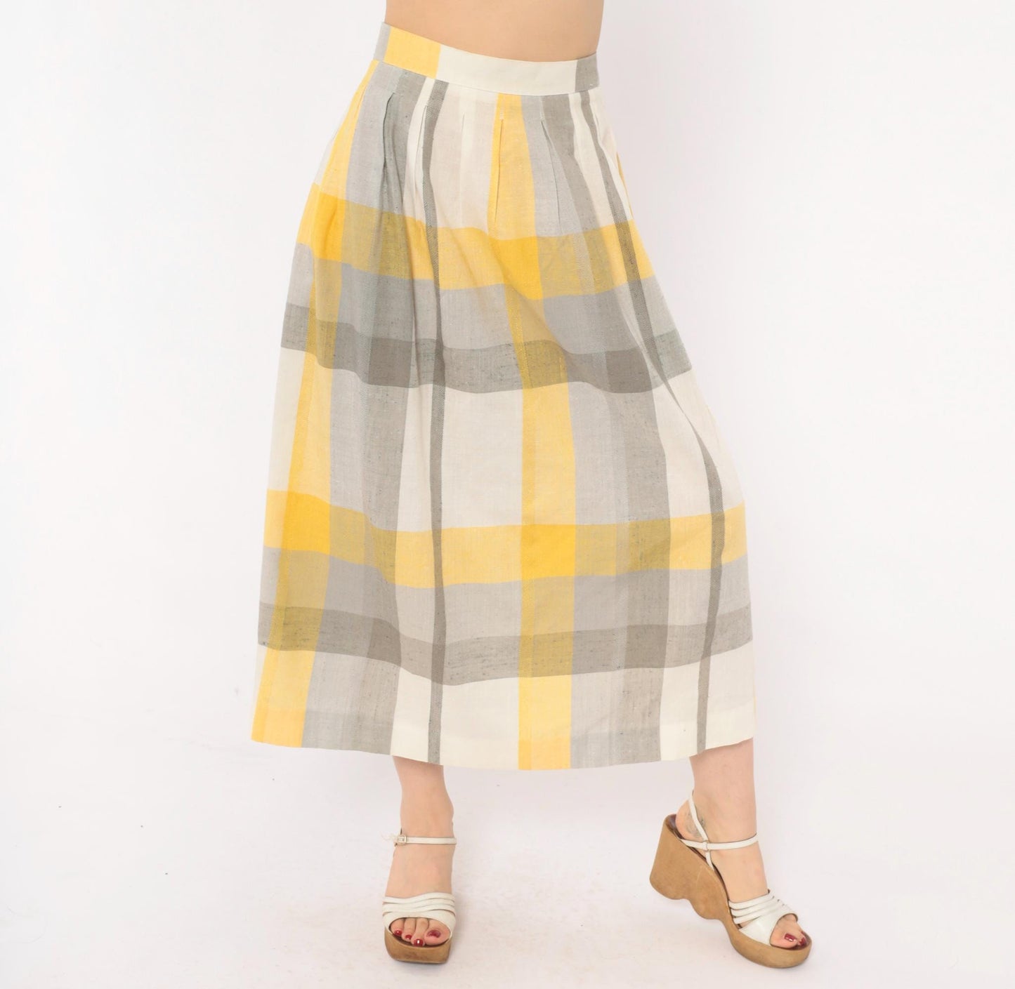 80s Stag & Co Plaid Midi Skirt Yellow Grey Ivory High Waist Pleated Medium