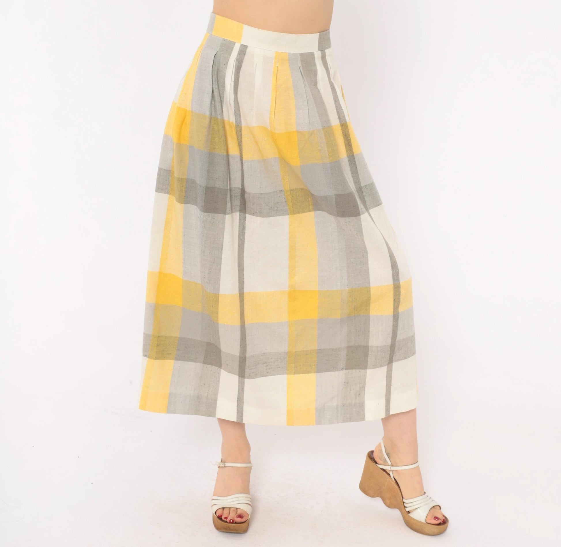 80s Stag & Co Plaid Midi Skirt Yellow Grey Ivory High Waist Pleated Medium