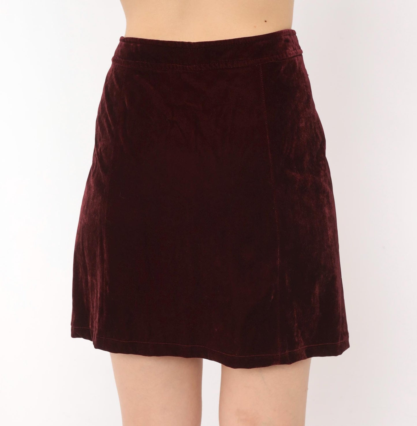 90s Burgundy Velvet Mini Skirt Silver Snap Button Front Embroidered Small