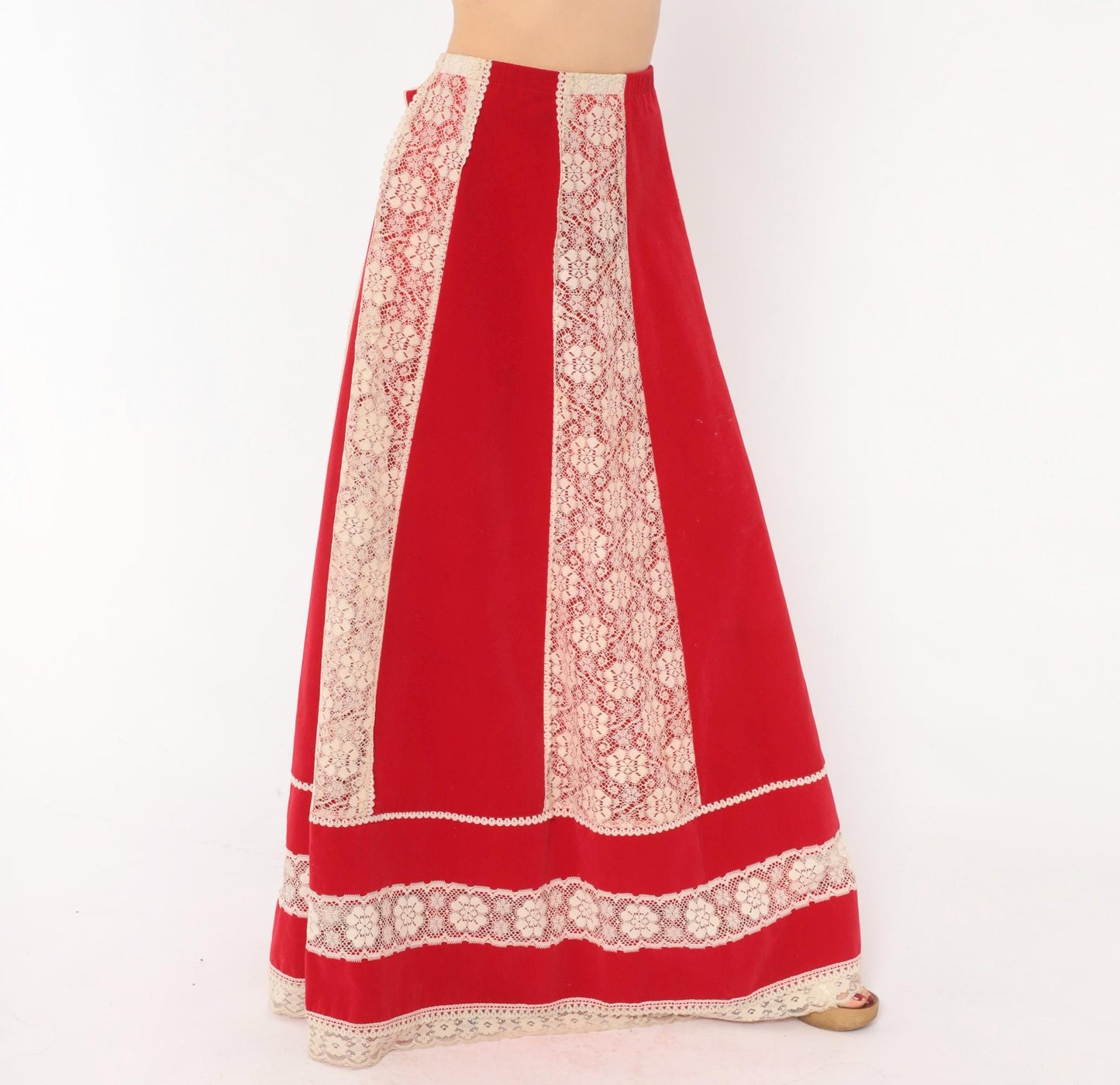 70s Red Velvet Maxi Skirt Cream Lace Panel A-Line Large L