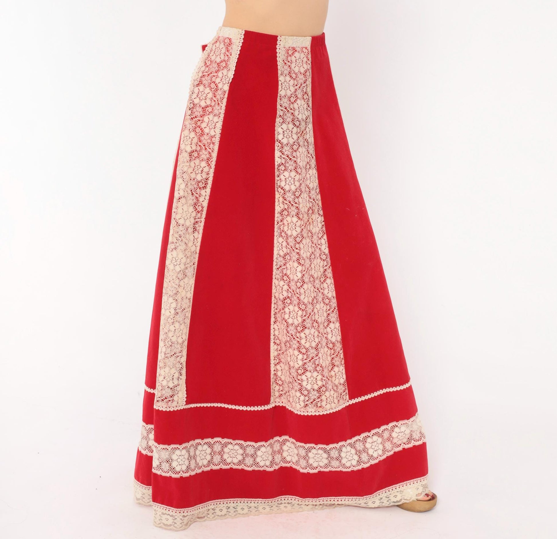 70s Red Velvet Maxi Skirt Cream Lace Panel A-Line Large L