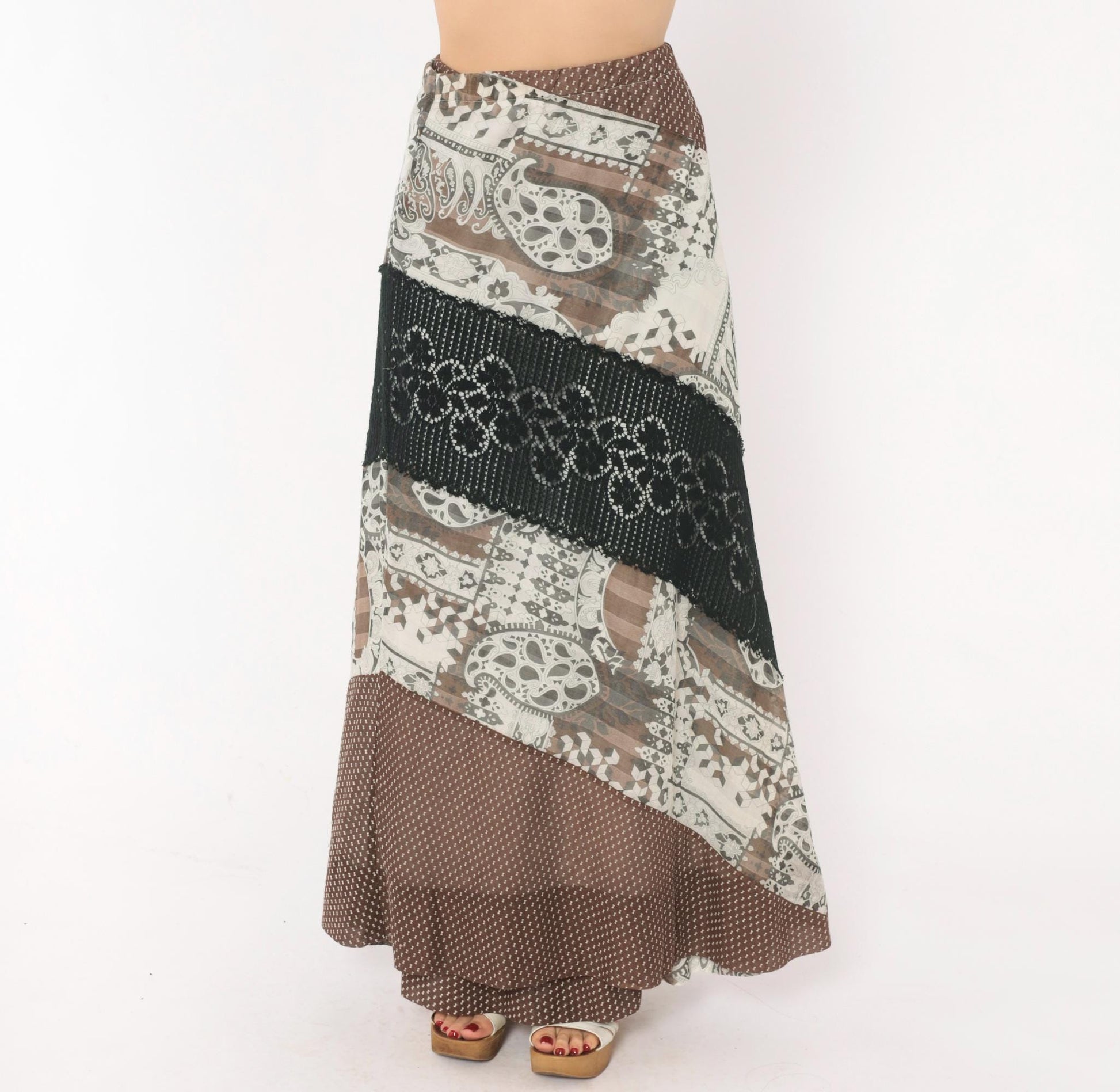70s Chessa Davis Patchwork Maxi Wrap Skirt Brown Black Paisley Crochet Lace Large L