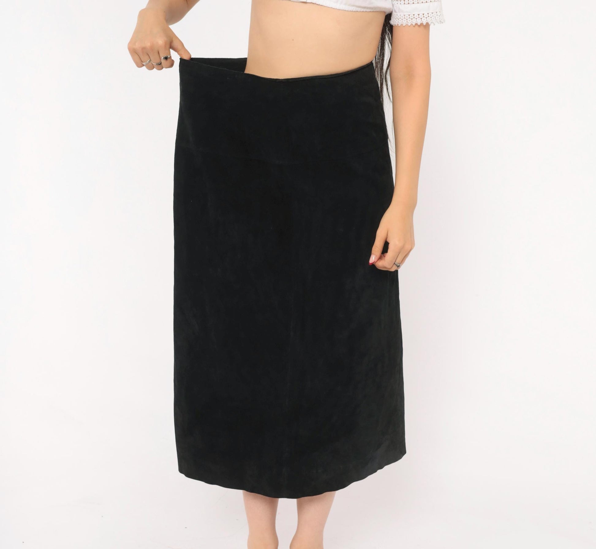 90s Black Suede A-Line Midi Skirt High Waist Paneled Large L